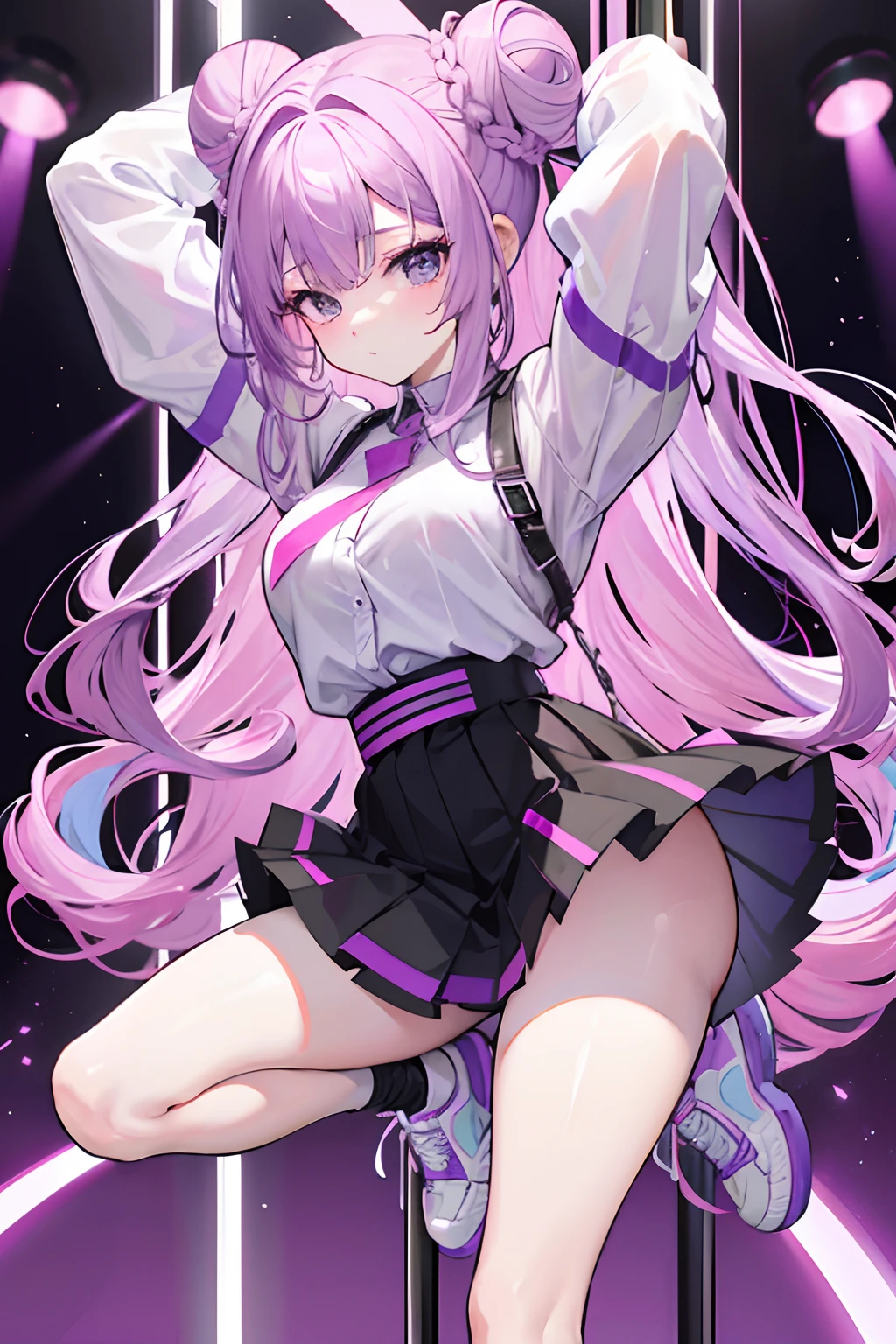 Bun head,Twist braids,light violet hair,s girl,vivaciousness,a black skirt,full bodyesbian,Big dynamics,pole dance,leges