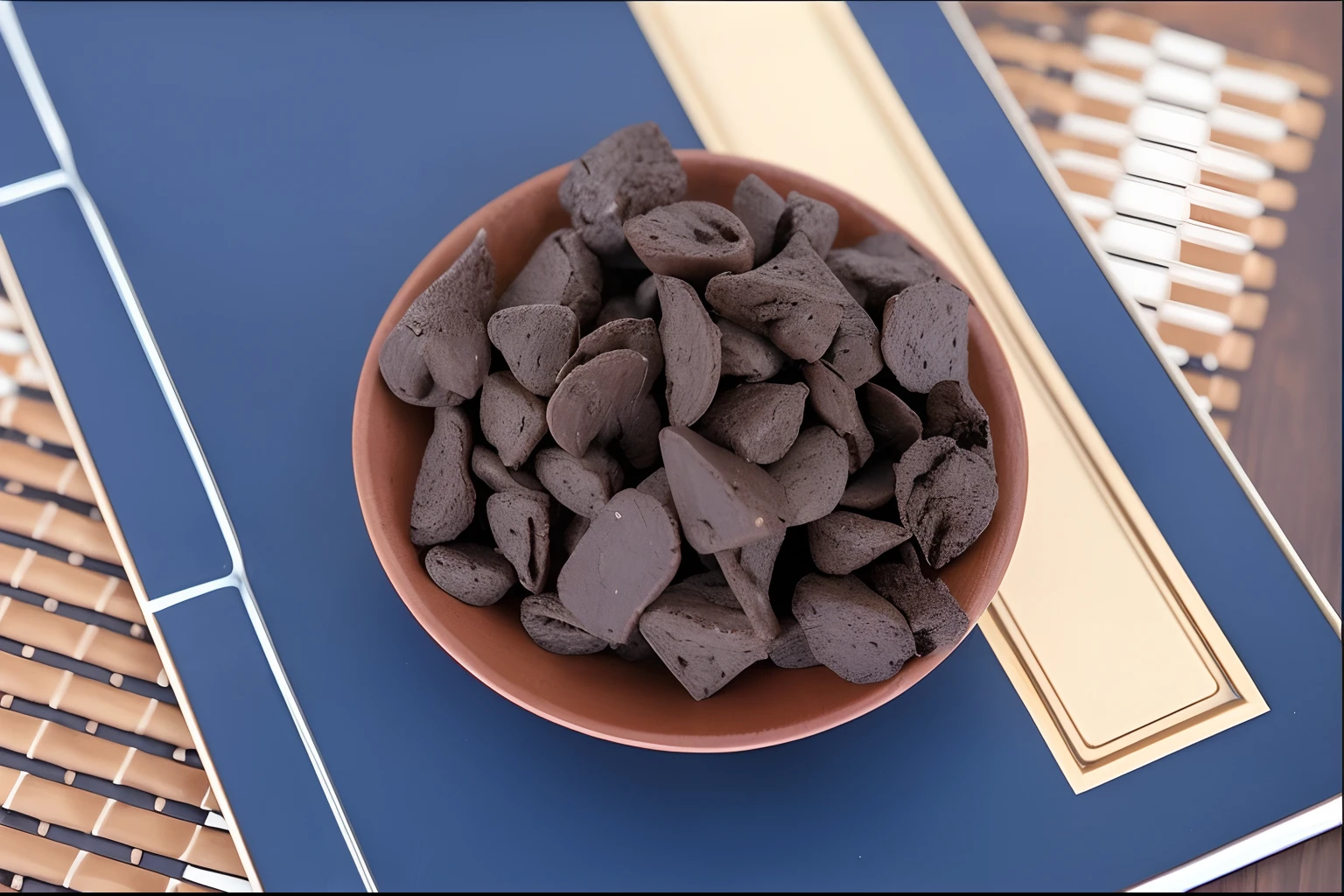 There was a bowl of chocolate chips on the table, High quality material BSSRDF, brown resin, molten lava, Clay material, chewing tobacco, close-up product photo, author:Alexander Giemsky, chocolate, qiangshu, licorice allsort filling, Yum, Sharios Kuro, chunk teeth, made of lava, Sharp Images