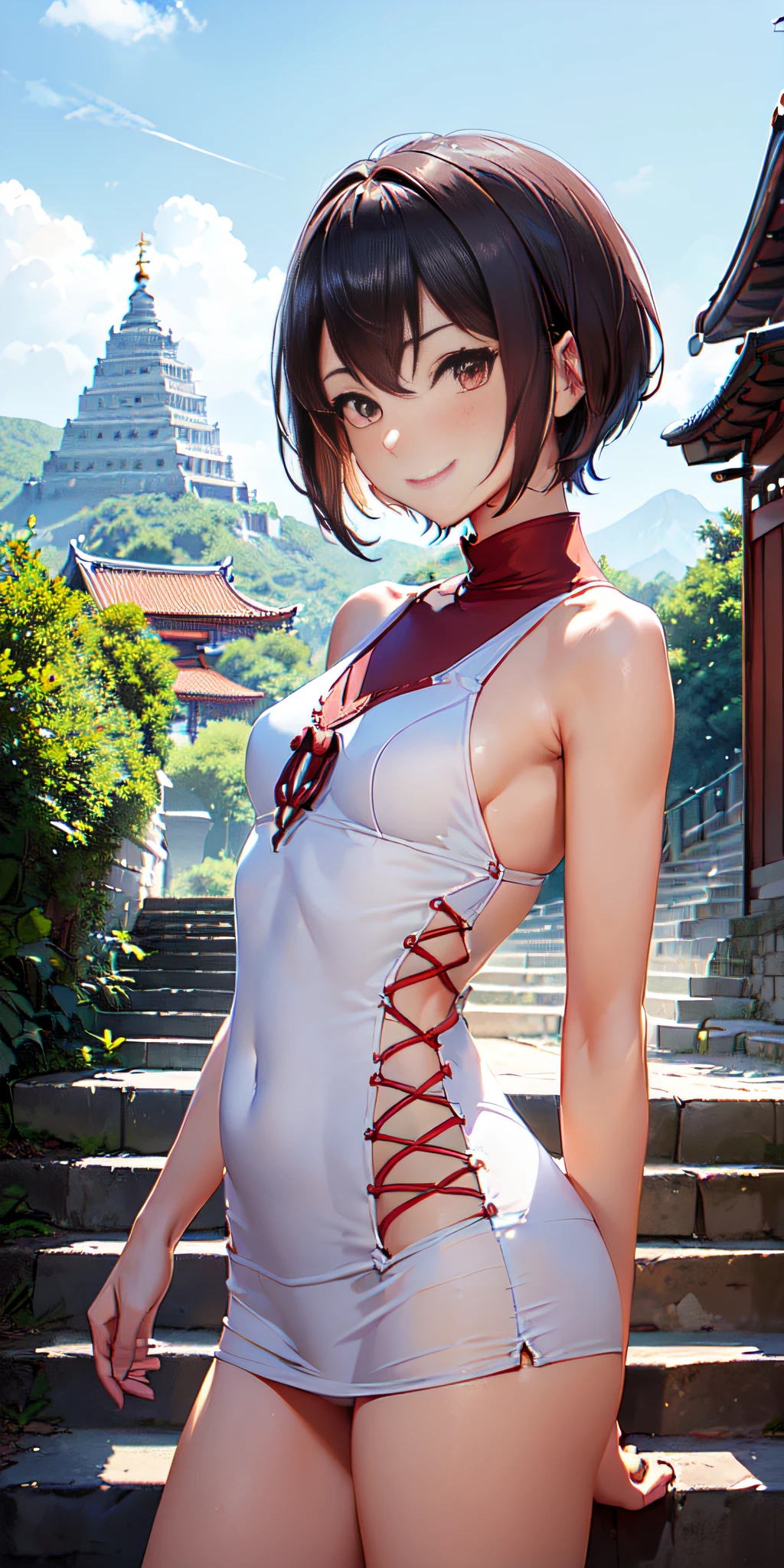 seen from any of the 4 cardinal points, wallpaper, ((((ganyudef)) upper body, 22years old, slim build, shapely body, short hair, smile, blush, outdoors, day)), (background: simple, blue sky, sky, temple, looking at viewer, stairs , mountain), rear side lighting, ((intricate details)),