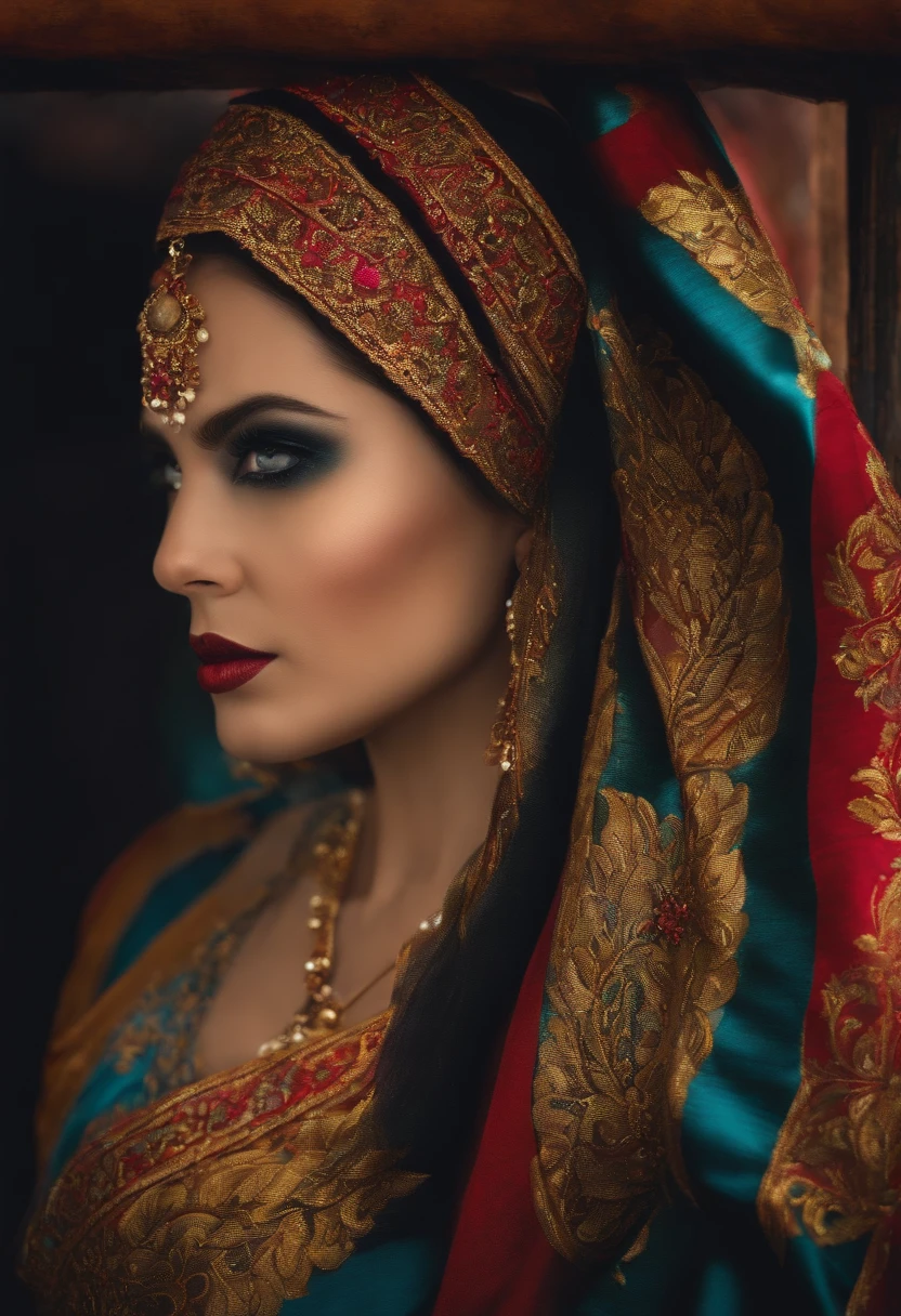 A woman in a red and blue sari with gold jewelry - SeaArt AI