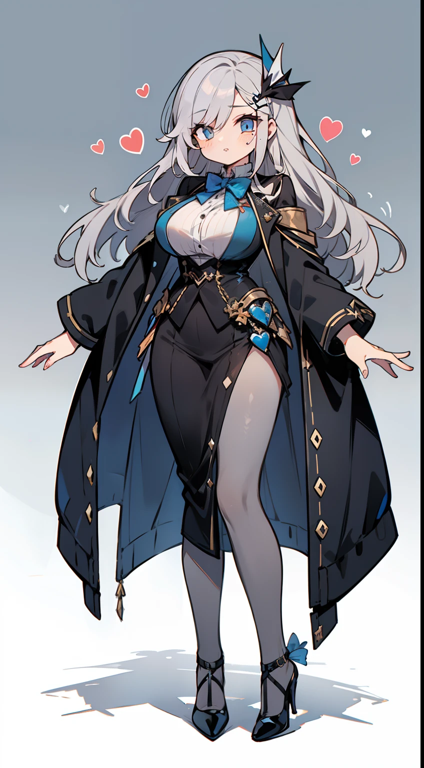 1girl in, fullllbody, Character Design, (((Light gray hair)), Super unique hairstyles, ((Eyes are blue)), (Sauce order), ((White hairpin)), (Mole under the left eye), Long bangs, Eyes are hearts, Brainwashed, large full breasts, High quality, 痴女, Magic Makeover, Sexy Phantom Thief Suit in Black, Black High Heels, Wide Shot, Detailed background of the prison