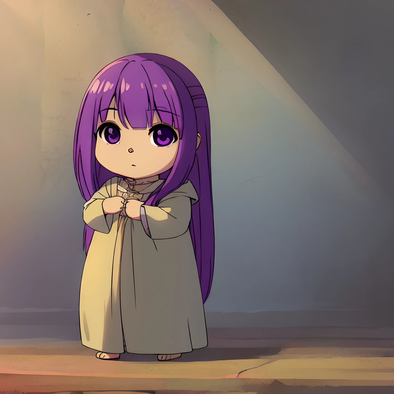 cute, body, chibi, stand up, long hair, human body, purple hair