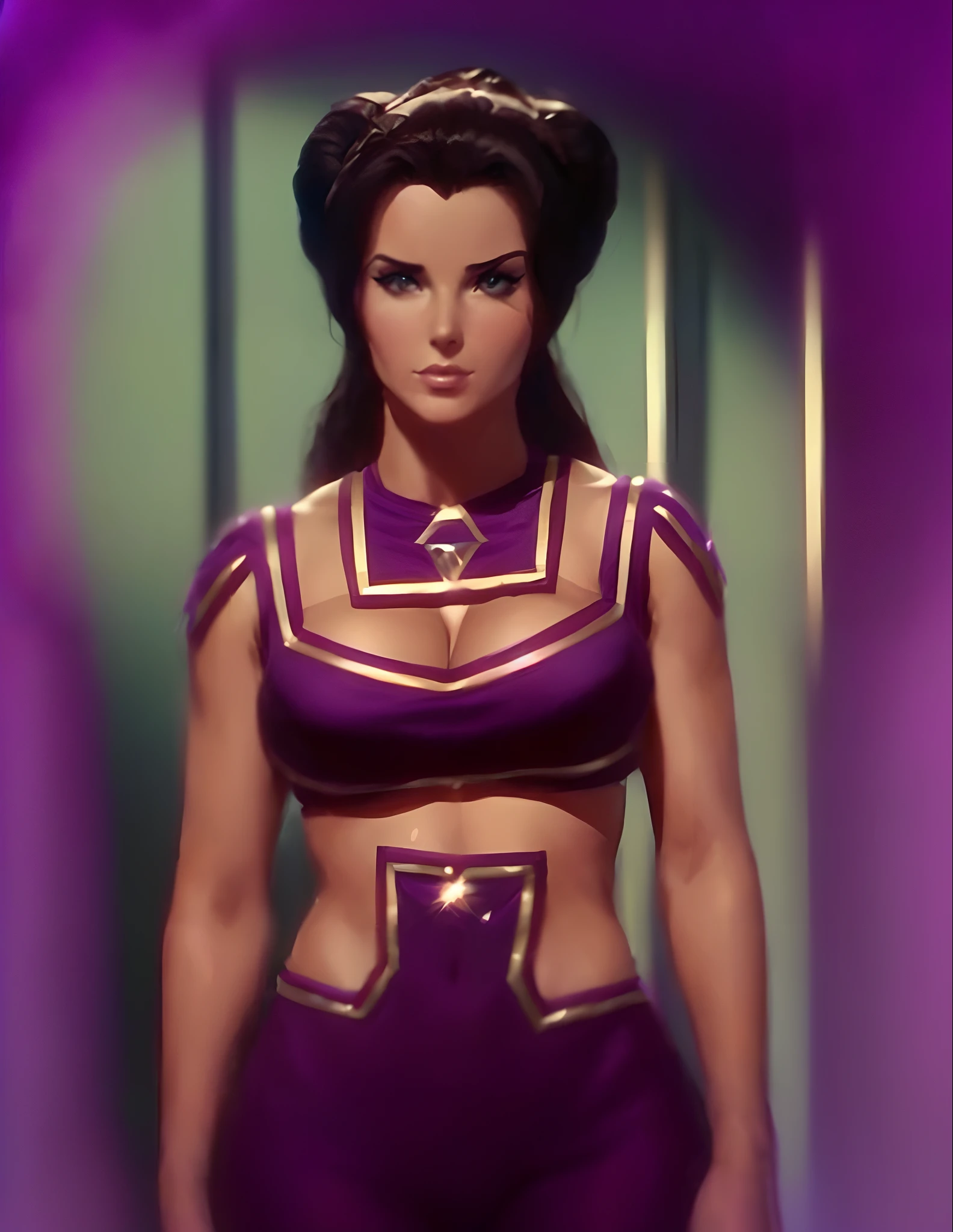Bodacious curvaceous Oriental woman, wearing bright heavy purple & neon green makeup & elaborately coiffed black hair with side rolls, with 100% anatomically correct fingers & hands, in star trek the original series, in star trek original series episode "That Which Survives", from star trek, film still from star trek, star trek gorgeous Oriental woman, in alien genie outfit, still from star trek, in alien space genie bikini outfit, as a seductive sultry star trek woman, as beautiful star trek alien woman Losira, in a 2-piece alien space bikini genie harem outfit