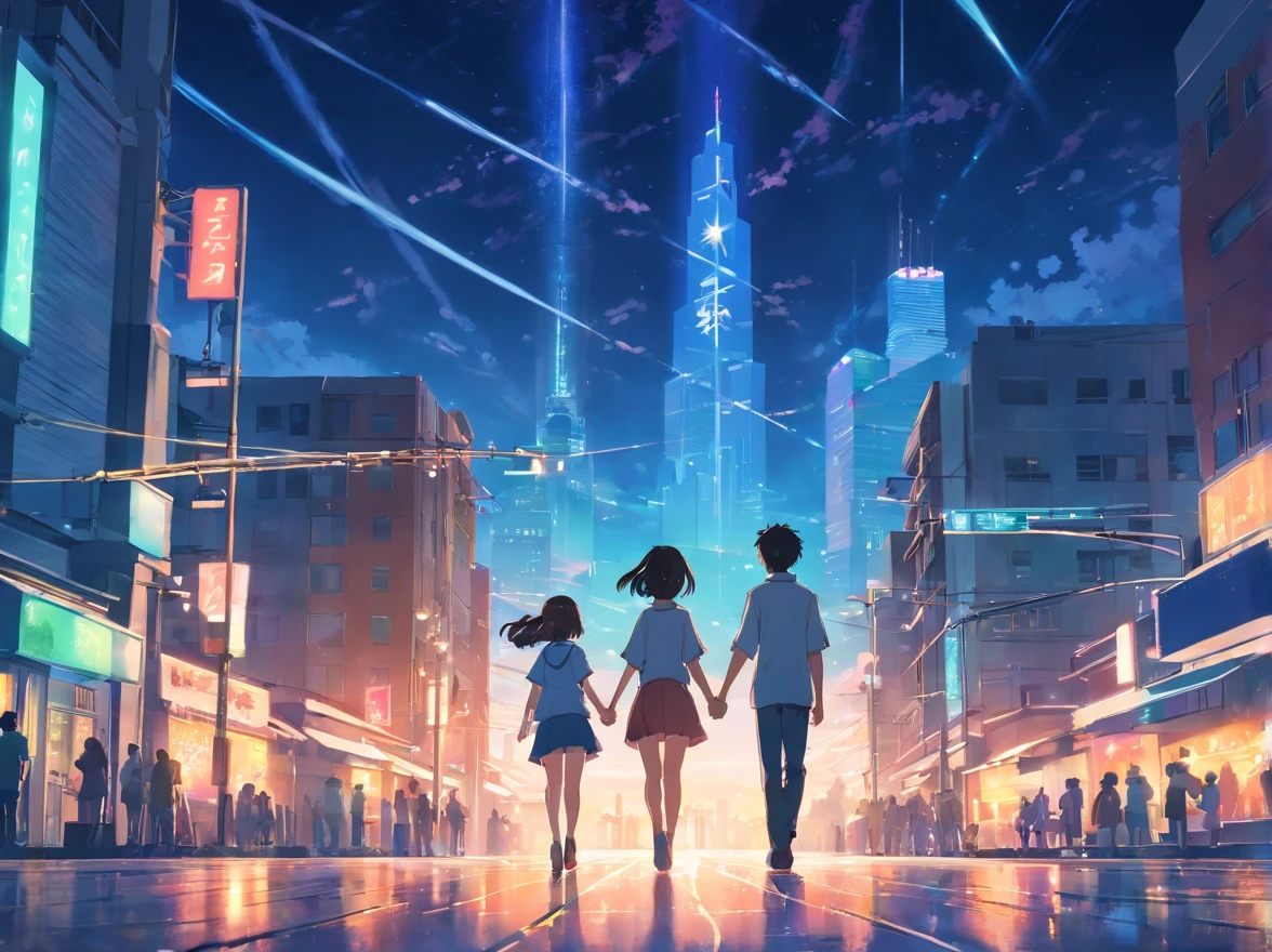 the night、Boys and girls holding hands、The background is more fleshed out、