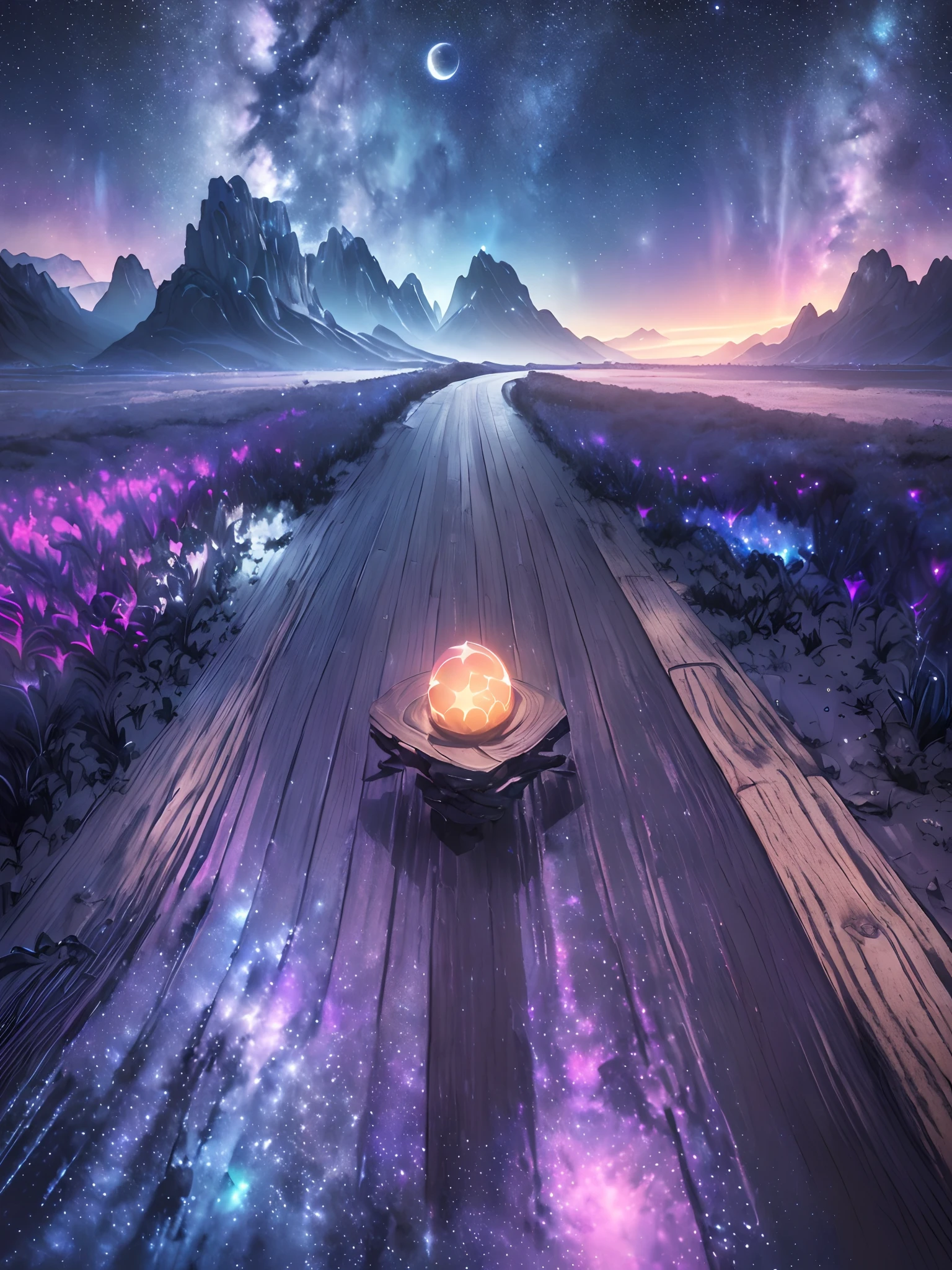 Perfect CG unity 8K wallpapers, CG unity 8K wallpaper, watercolor (medium), (((dark starry psychedelic sky, Dark cosmic Night, Deep Night, the most beautiful psychedelic moon))) ((Sky color: dark blue, multiple colors, perfect color scheme)) (((Natural Background, mountains, wood))), path, ((plein air)) (((Character Deletion))) (((Excluding people)))