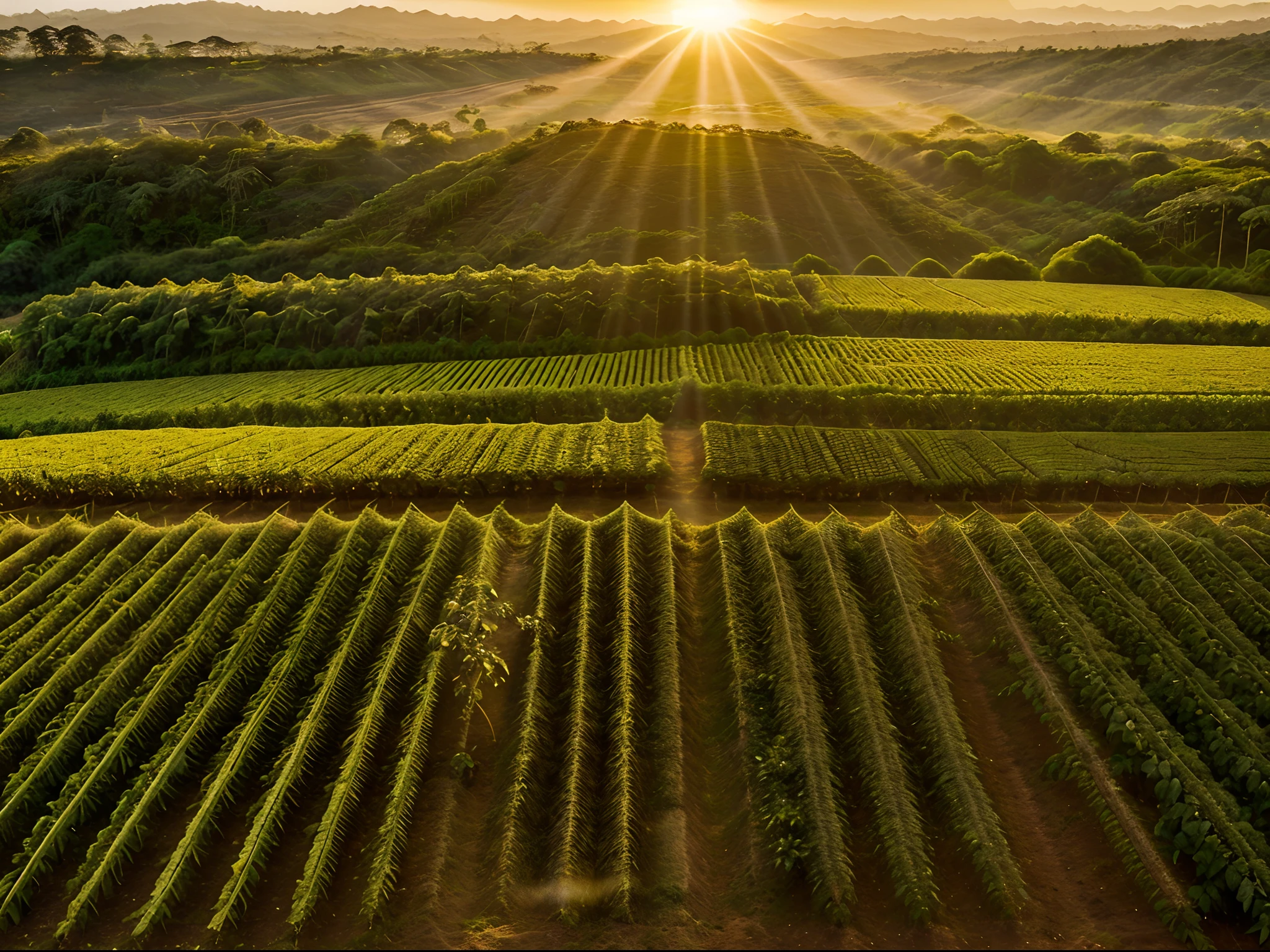 Sunrise over a Coffee Plantation: Golden light casting long shadows over rows of coffee trees.