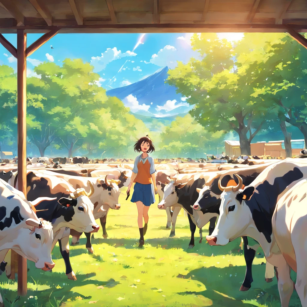 People and cows together，jubilation，having fun