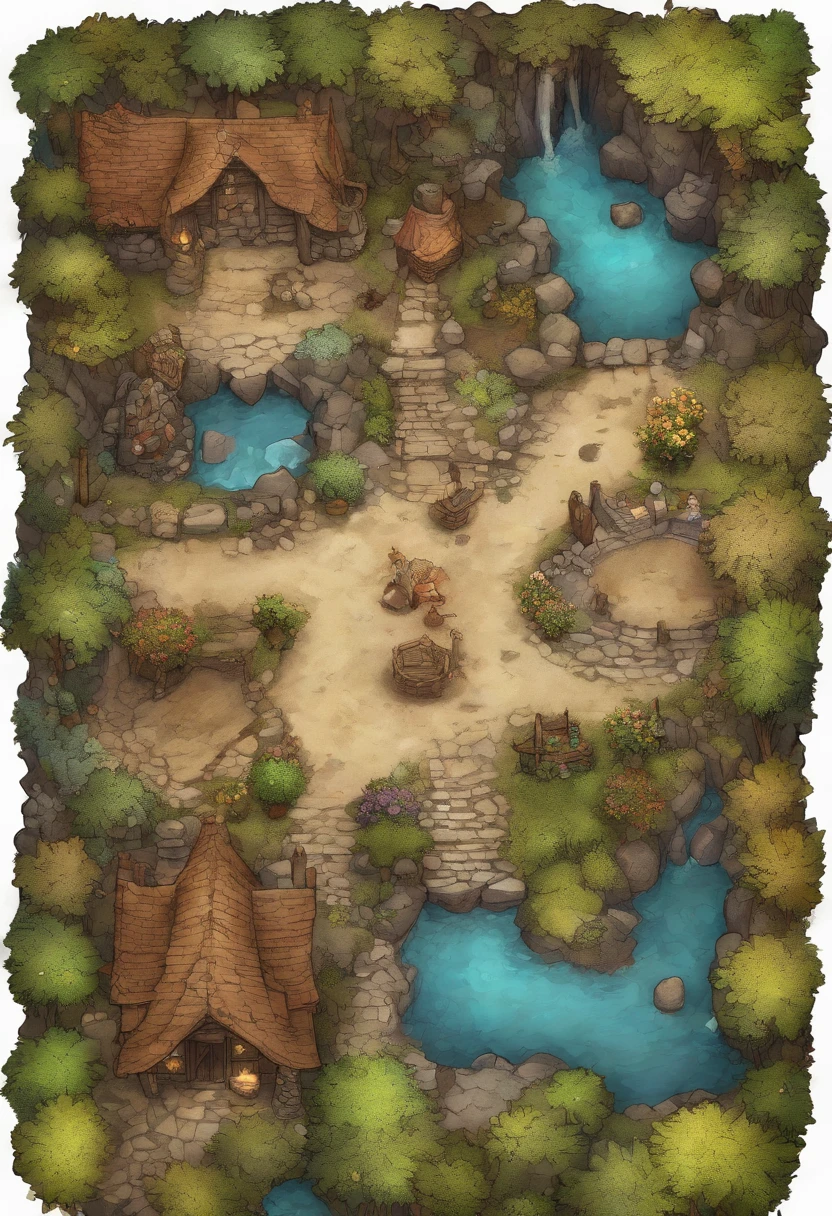 birdseye straight top-down shot from a drone, battlemap of a druid's cottage, (dark magical roots sprouting from west:1.2), (black necrotic magic in the air:1.2), wicker furniture, dungeons and dragons, final fantasy, game art, (coherent architecture and interior, with realistic proportions and textures, intricate details, handdrawn, vibrant, cinematic lighting, masterpiece, 8k:1.2)