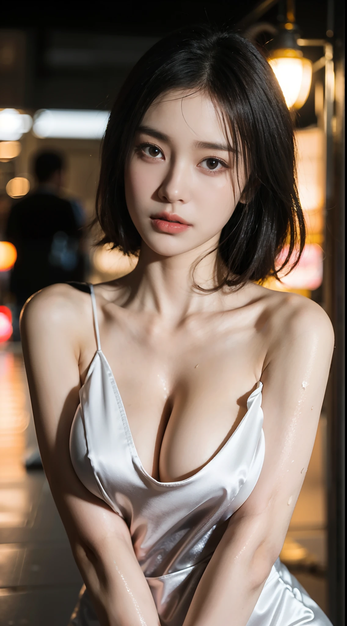 random pose, mix4, (8k, RAW photo, best quality, masterpiece: 1.45), (realistic, photorealistic: 1.37), one girl, cute, cityscape, night, rain, wet, professional lighting, photons mapping, radiosity, physically based rendering, gradient black hair, gray hair, short curly hair, handsome, girl, Deep V-neckline slip dress, pale skin, top quality photo, high res, 1080p, (clear face), (detailed face description), (detailed hand description), (masterpiece), (exquisite CG), extreme light and shadow, disheveled hair, master work, rich details, (fine facial features), (highest quality photo), (masterpiece), (detailed eyes), look in front of you eyes, fine clavicle, (huge breasts:1.47),