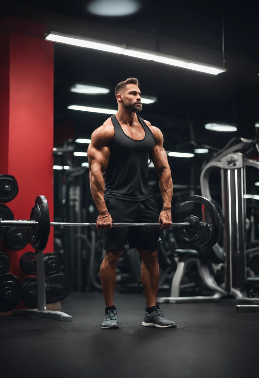 muscular man weightlifting in gym, full body, (best quality,4k,8k,highres,masterpiece:1.2),ultra-detailed,(realistic,photorealistic,photo-realistic:1.37),professional, muscular physique, defined muscles, barbell, weight plates, gym equipment, hard lighting, dramatic shadows, gritty, industrial, high contrast
