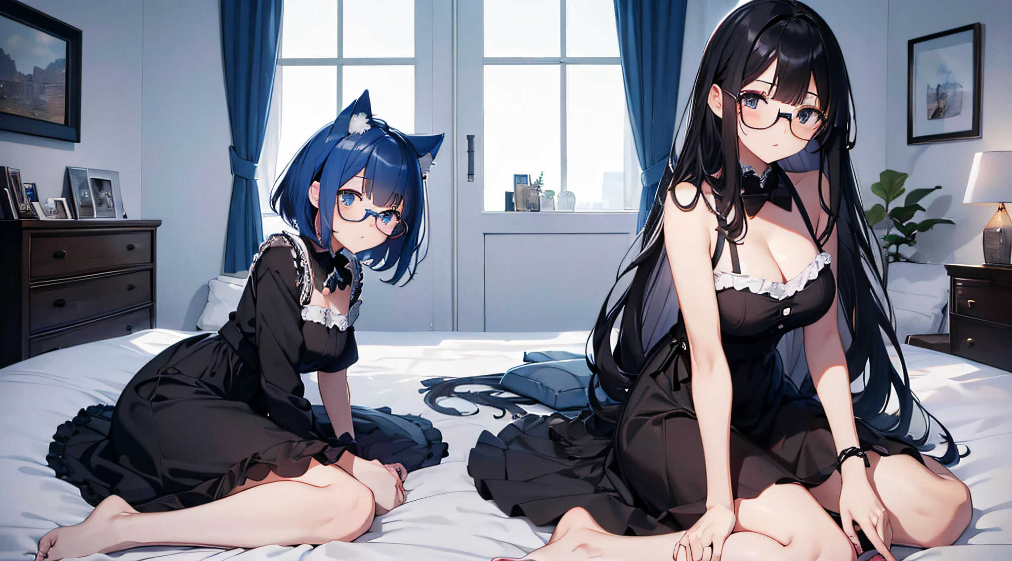 (best quality,ultra-detailed,highres:1.2) two nekomimi girls, looking at viewers, blue short hair and black long hair, one of them using glasses, long black dress and white dress, mommy vibe, full body, bedroom, noon time