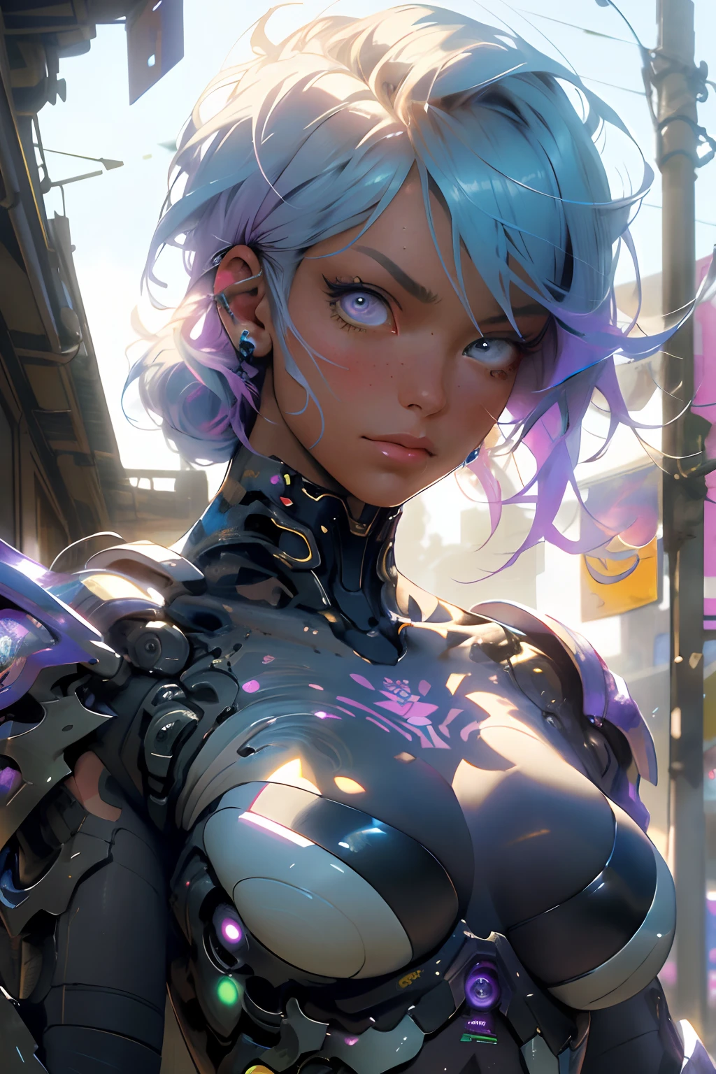 The most beautiful and sexy cyberpunk girl, rainbow colored hair, vibrant yellow eyes, long detailed eyelashes, huge enormously gigantic tits, cleavage showing, wearing highly detailed futuristic battle armor, tons of tattoos and piercings, melancholy lighting, quiet, calm, brightness, masterpiece, best quality, 1man, (JinxLol:1.2), (ultra photorealistic:1.3), (masterpiece:1.4), best quality, ((realistic)), high quality, ultra detailed, ((real image)), ((realistic skin)), ((realistic face)),(illustration:1.05), (beautiful:1.05), (beautiful detailed eyes:1.05), (cinematic light:1.1), light blue highlights, full body, cherry blossoms blowing in the wind, futuristic graffiti cyber city background