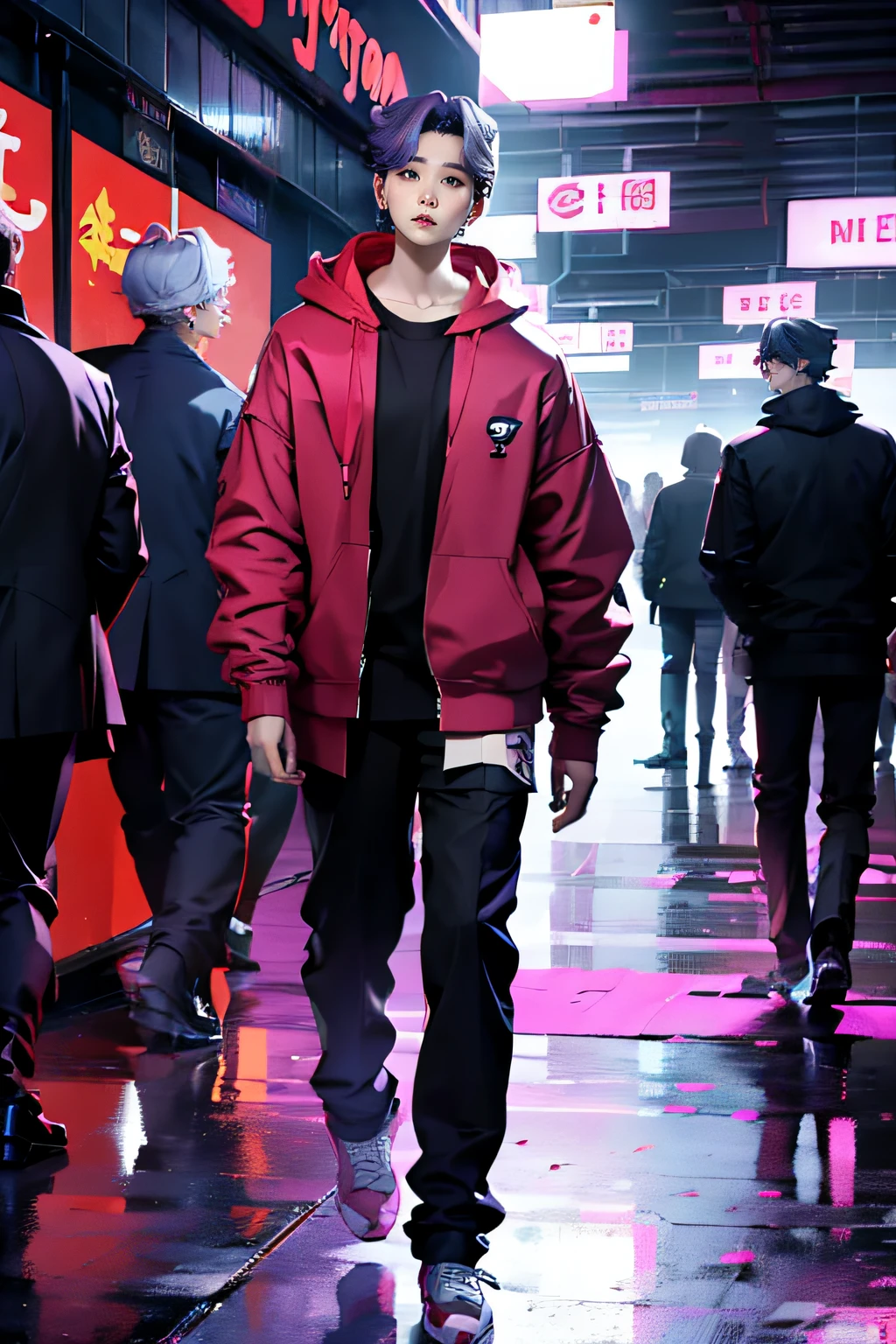 (((Suga from BTS))) K-pop star, really handsome guy, standing, detailed face, detailed body, wearing cyberpunk hoodie