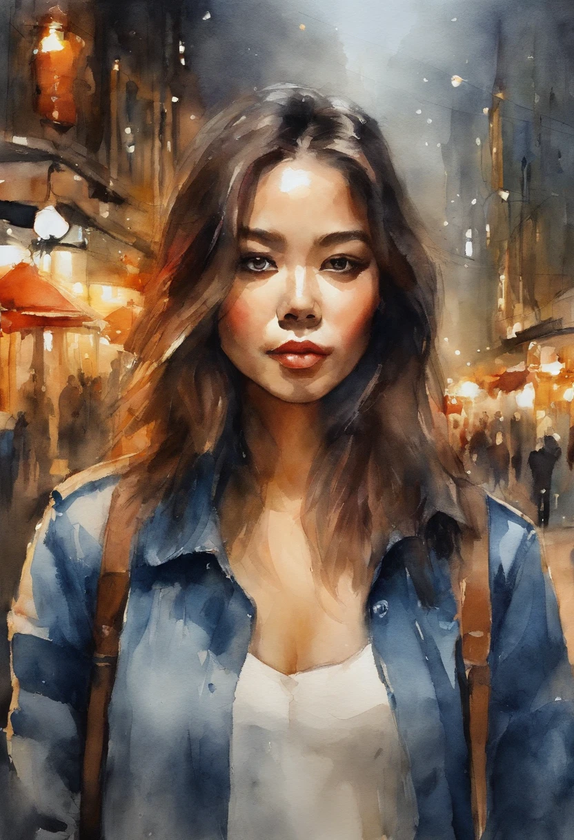 1girl in、Streets of Osaka、the night、Urban landscape、Urban Light、The upper part of the body、Close-up of、8k、Raw photography、topquality、tmasterpiece、realisitic、Photorealsitic