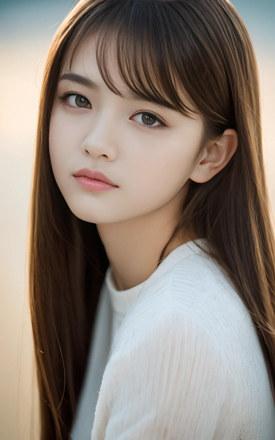 of the highest quality, Realistic, Perfect human body structure, Very detailed, Very delicate and beautiful, Raw photography, Beach, Professional Lighting, Luminescent, depth of fields, Single focal length, Full body, 13 year old girl, Brown hair, small head, ((Big)), Baby face, Beautiful eyes, Real Face, Realistic skin, Detailed eyes, (Fashionable hairstyle: 1.3), Sexy Pose, absurderes、incredibly absurd res、Extremely fine、Blouse