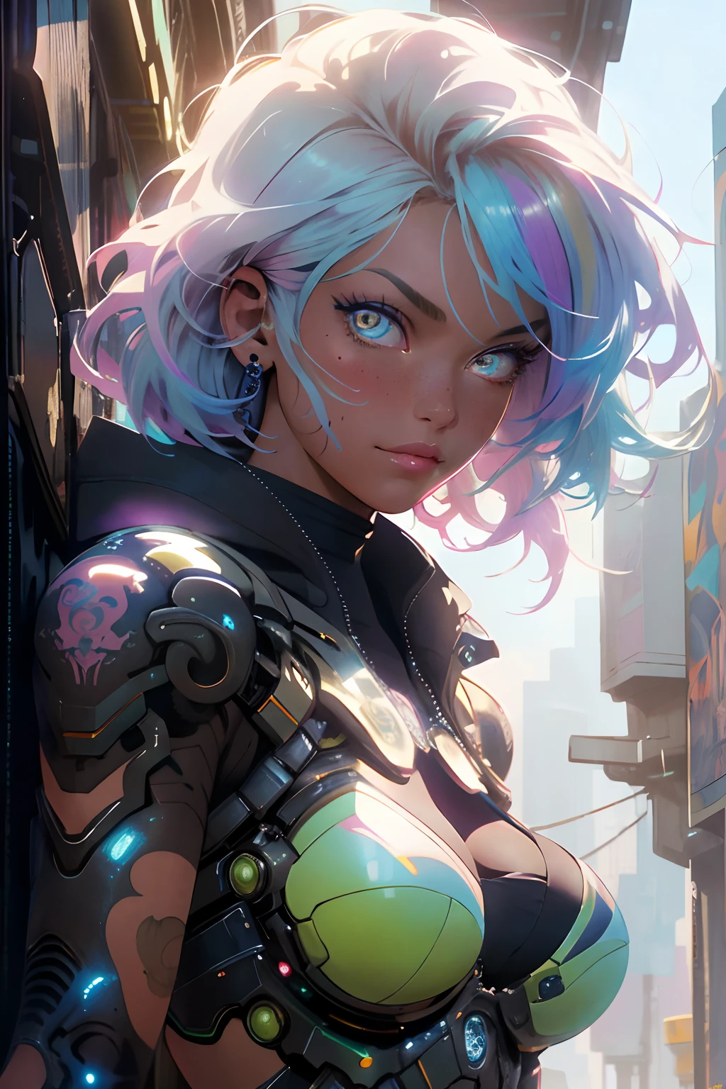 ((melhor qualidade)), ((obra de arte)), (Altamente detalhado:1.3), 3D, lindo (ciberpunk:1.3) mulher hacker com cabelos grossos e volumosos operando um terminal de computador, NSFW