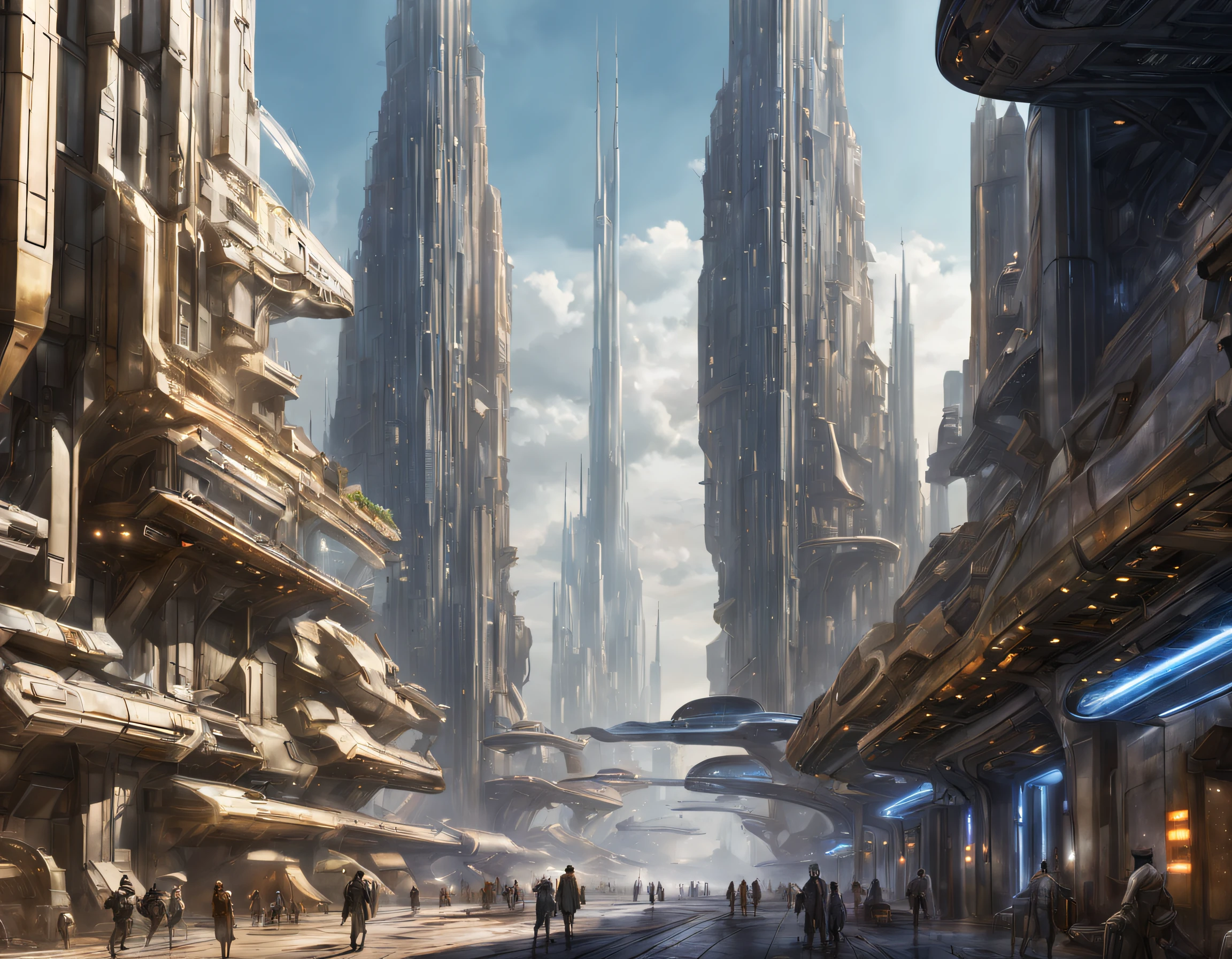 On an unknown planet lies a futuristic fantasy city with immense buildings of technological design (que forman una avenida infinita), con estructuras acristaladas en plata, oro y bronce espectaculares, (con colores vivos). pavimento ensolado (sin brillo). gente paseando. (similar a coruscant de star wars). imagen bien definida con muchos edificios juntos. imagen nitida bien definida 8k. los edificios llegan alta el fondo.,8k.