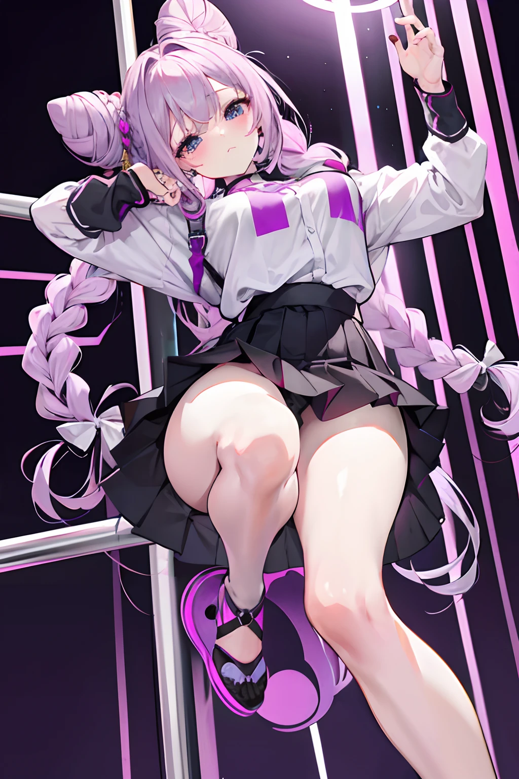 Bun head,Twist braids,light violet hair,s girl,vivaciousness,a black skirt,full bodyesbian,Big dynamics,pole dance,leges