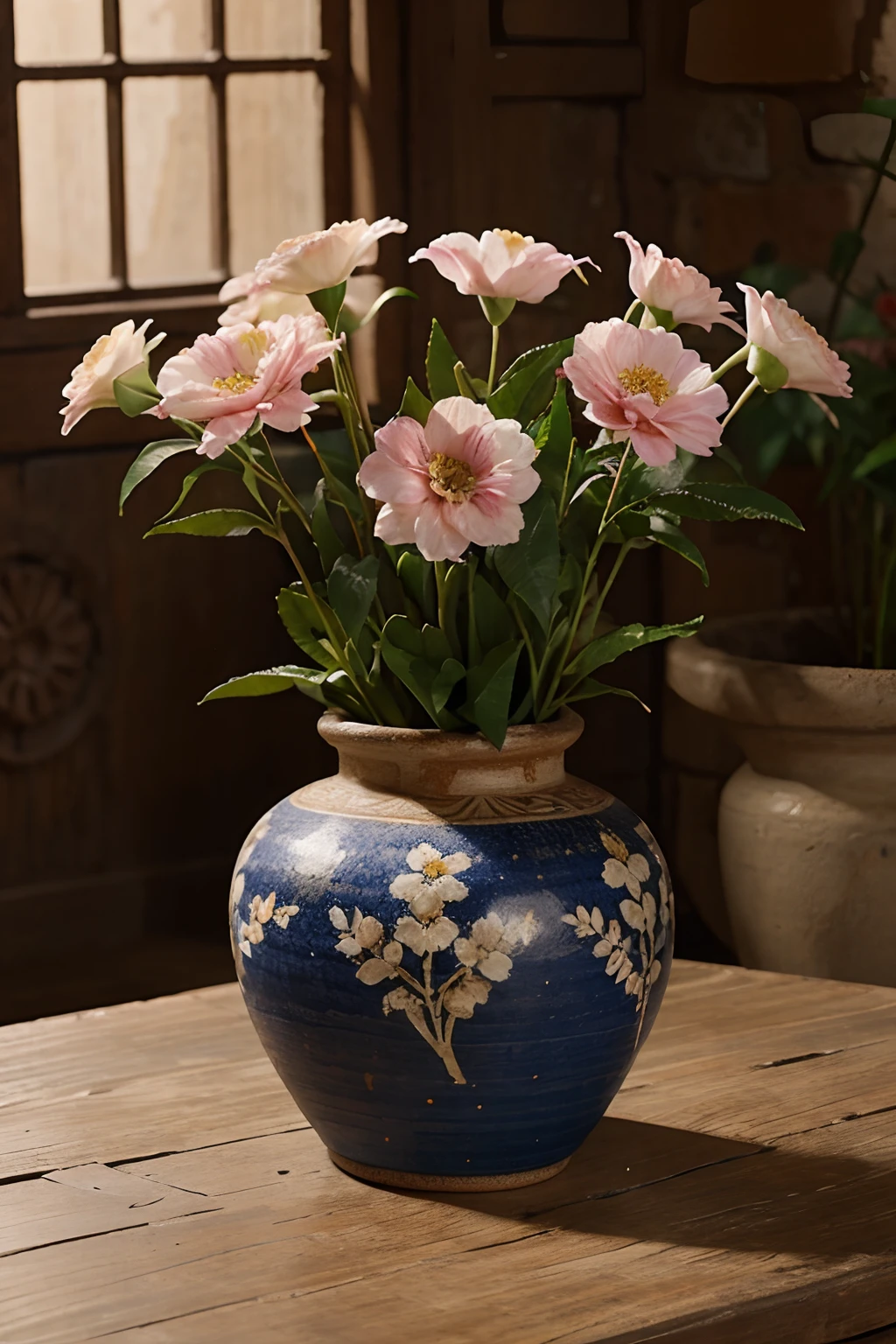 realistic boucket of beautifull flowers in ancient pottery