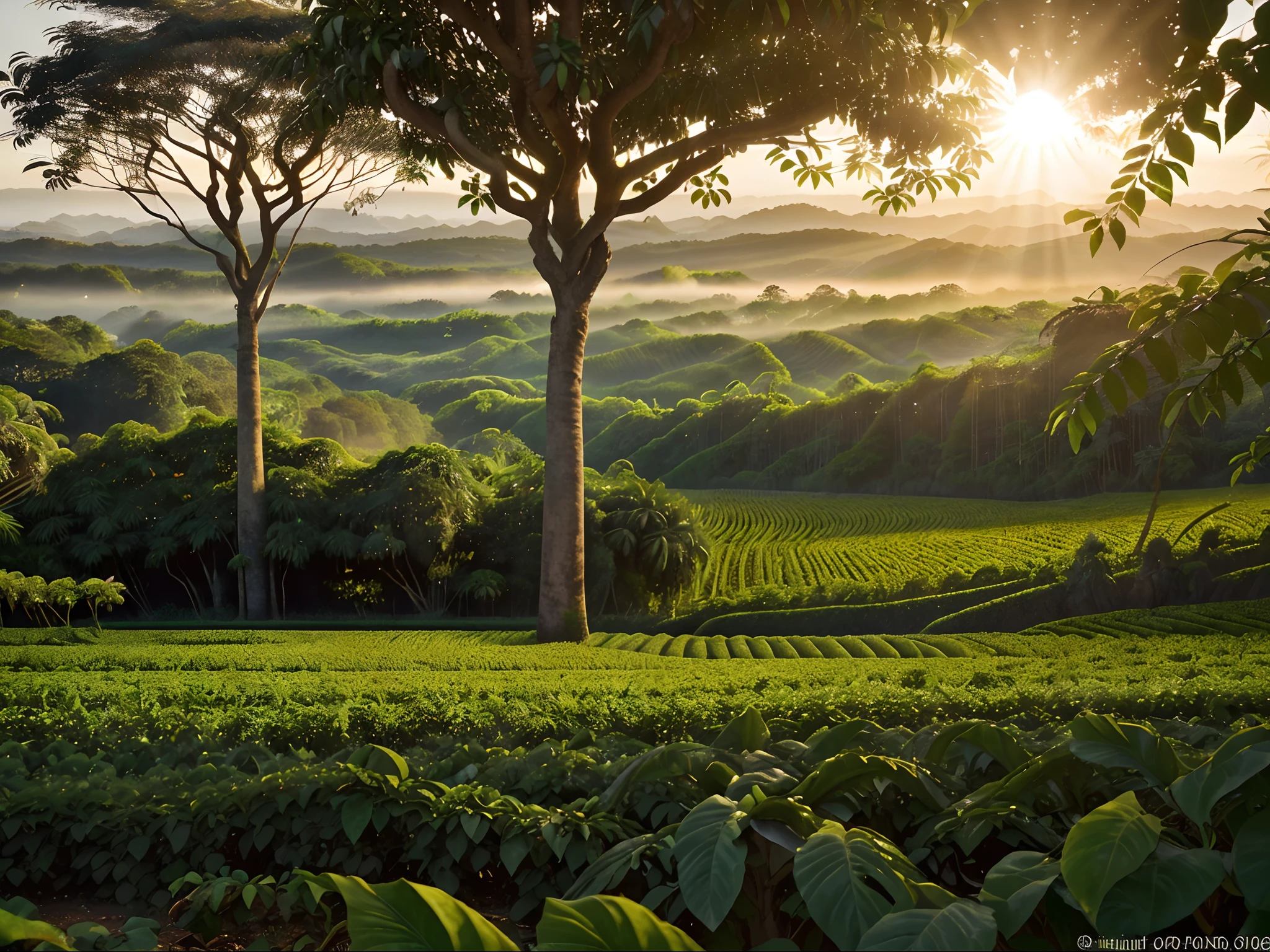Arafed view of a field of crops with a tree in the foreground - SeaArt AI