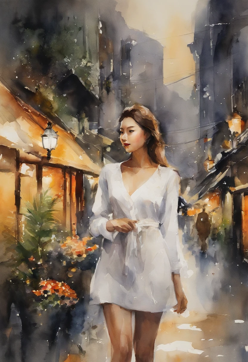 1girl in、Streets of Osaka、the night、Urban landscape、Urban Light、The upper part of the body、Close-up of、8k、Raw photography、topquality、masterpiece、realisitic、Photorealsitic