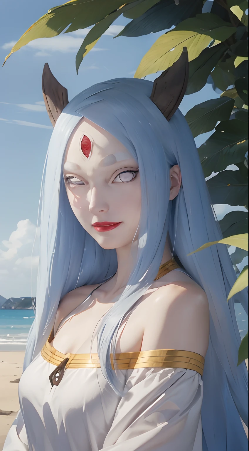 kaguya ōtsutsuki.  a woman standing on an island.  He appears to be wearing silver clothes with gold lines.  he has long blue hair.  which is very long.  straight.  and unraveled not tied.  He also has a pair of brown horns on top of his head.  with white skin.  pale as snow.  and tiny, rosy lips.  he seemed to be smiling gently.  and thin.  looking at the camera.  it looks so beautiful and realistic