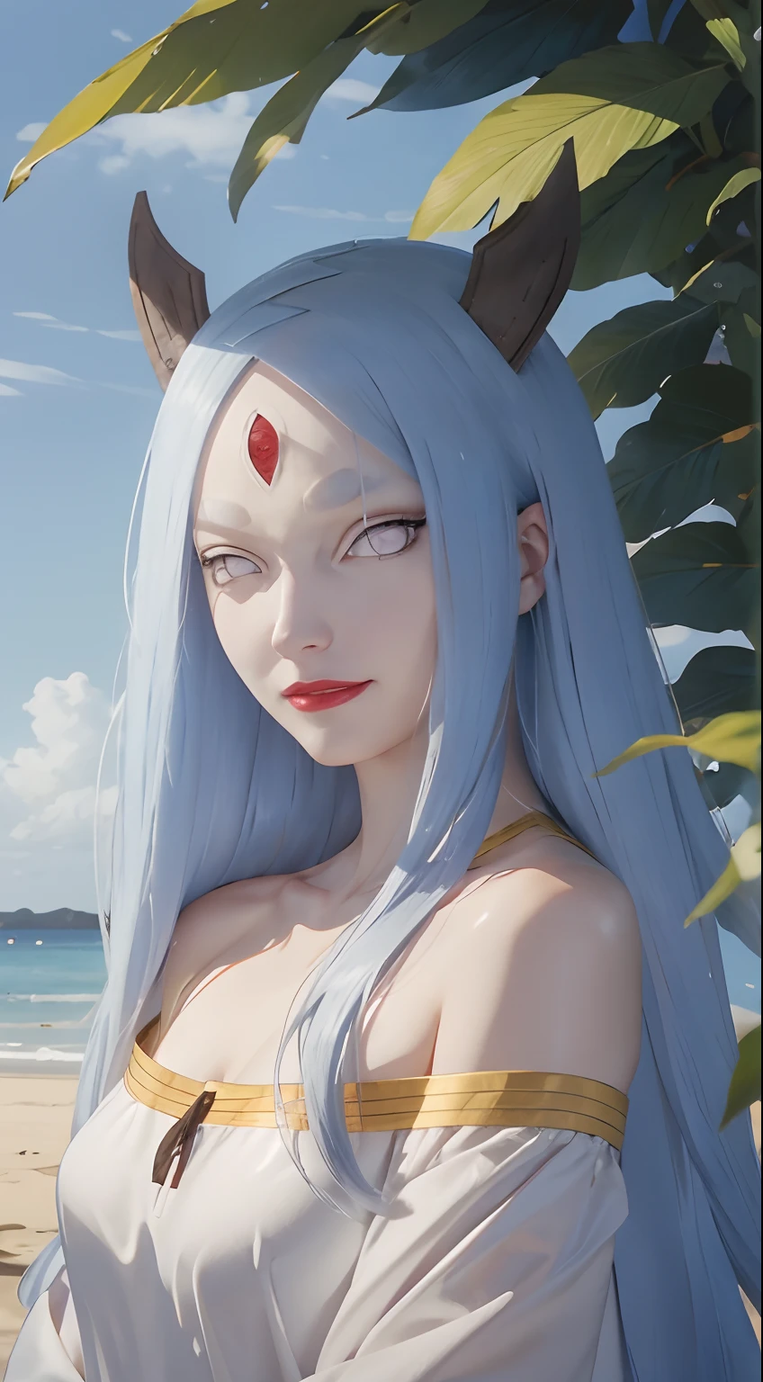kaguya ōtsutsuki.  a woman standing on an island.  He appears to be wearing silver clothes with gold lines.  he has long blue hair.  which is very long.  straight.  and unraveled not tied.  He also has a pair of brown horns on top of his head.  with white skin.  pale as snow.  and tiny, rosy lips.  he seemed to be smiling gently.  and thin.  looking at the camera.  it looks so beautiful and realistic