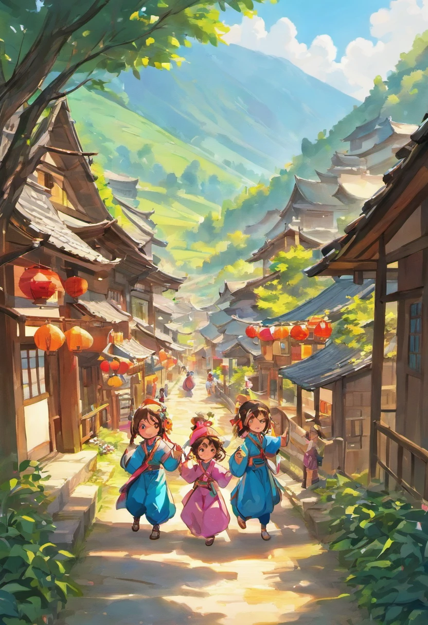 In a beautiful Zhuang village，Have a happy big family, The children are dressed in beautiful Zhuang costumes，Have fun playing in the village，They wore beautiful, sturdy hats，Dressed in brightly colored Zhuang costumes，Hand in hand, They sang and danced in a circle around the village，In the village，The children，cheerfulness，Living，Nature，Playful and lively，Wooden house，cozily，warm，Sunlight，Blue sky and breezy，A gentle breeze，Unity and happiness，8K，rendering，Renderer rendering，unreal engine 5 render，Natural lighting
