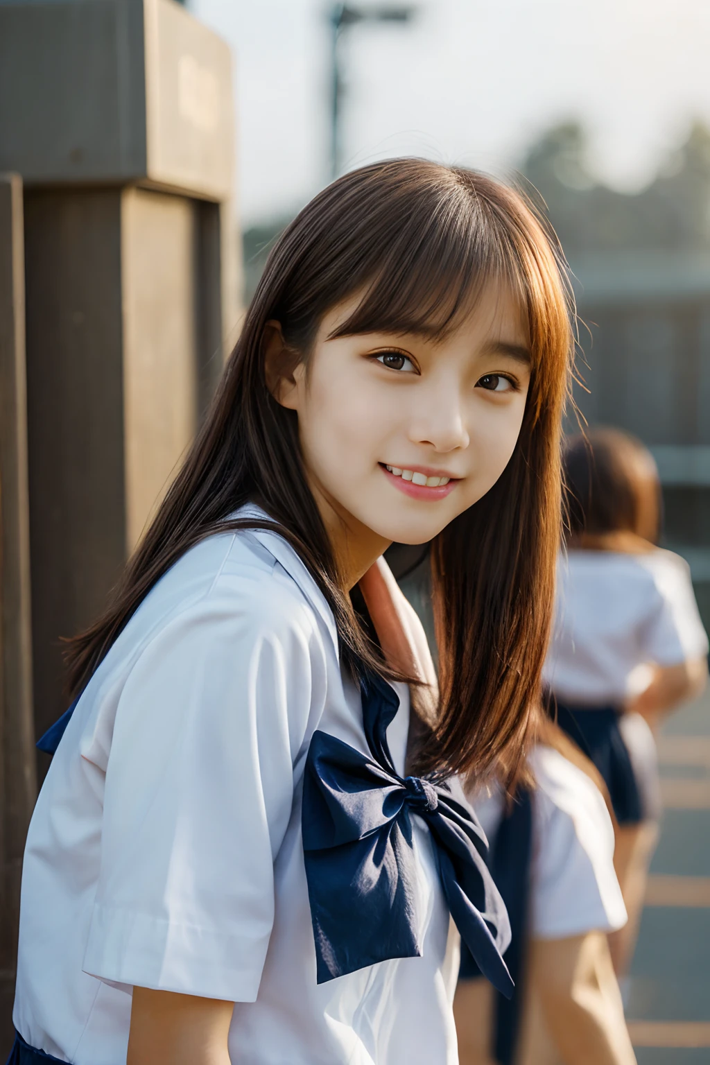 ​masterpiece、4K、top-quality、beautiful Korean women、detail portrayal、1 girl in、a 、(japanese sailor suits、a miniskirt:1.1)、(School rooftop:1.1)、(filmg, Ilford HP5, 80mm)、 depth of fields、cowboy  shot、ssmile
