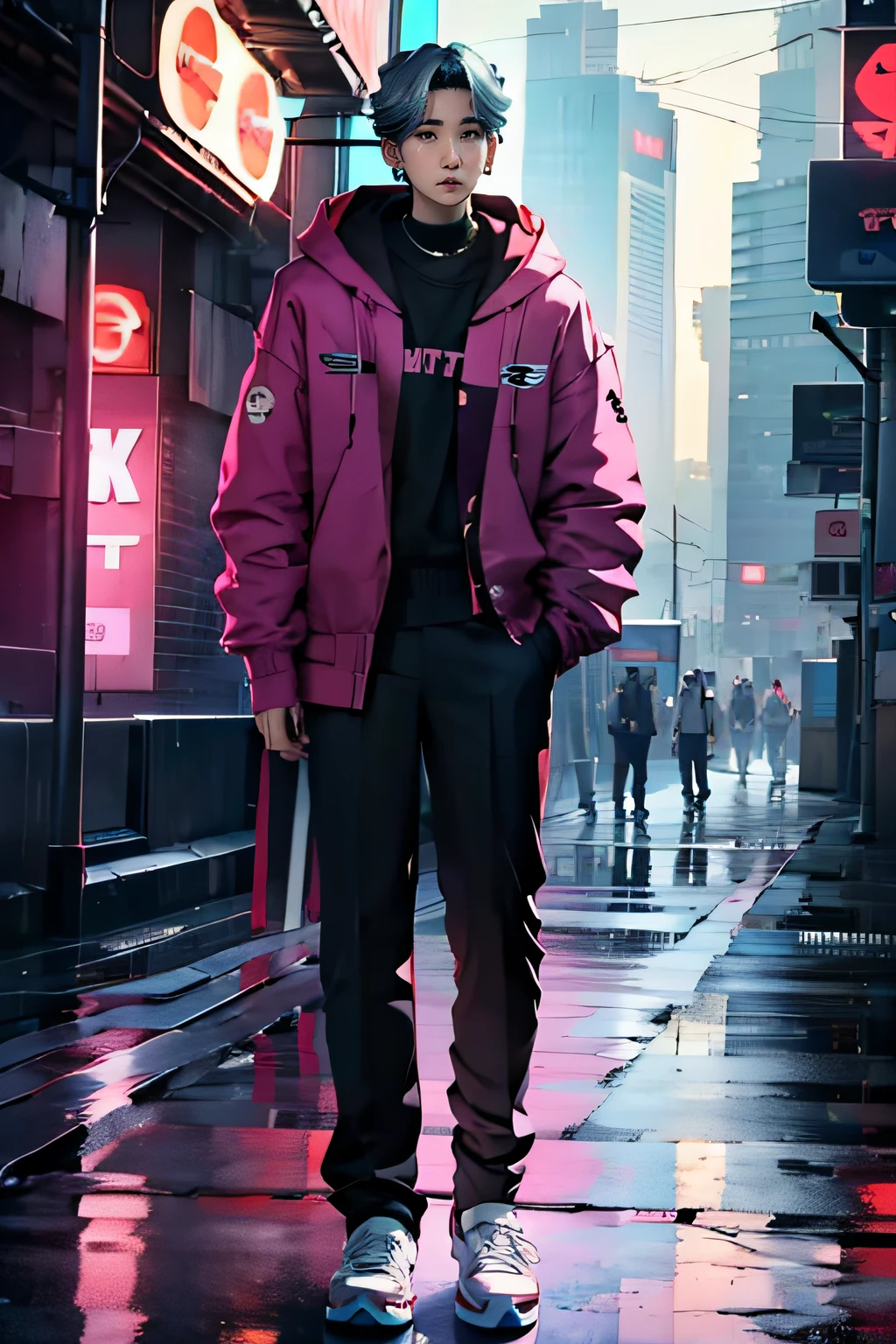 (((Suga from BTS))) K-pop star, really handsome guy, standing, detailed face, detailed body, wearing cyberpunk hoodie, modern outfit