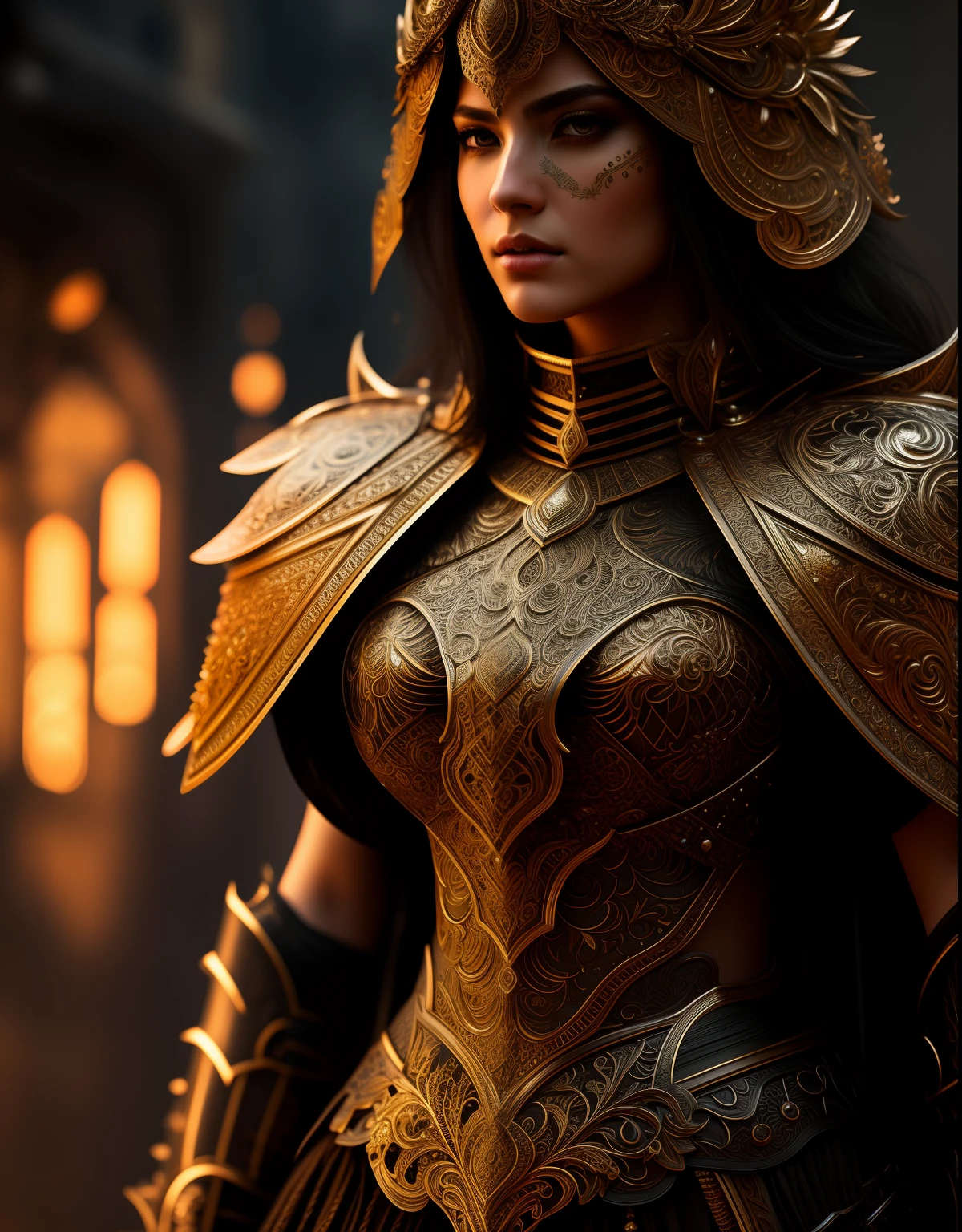 full body wide shot, woman beautiful face warrior wearing heavy iron armor,insanely detailed and intricate armor , hypermaximalist, elegant, ornate, hyper realistic, super detailed, cinematic light, dark fantasy, ConceptArtWorld, apocalyptic,grouchy, masterpiece,