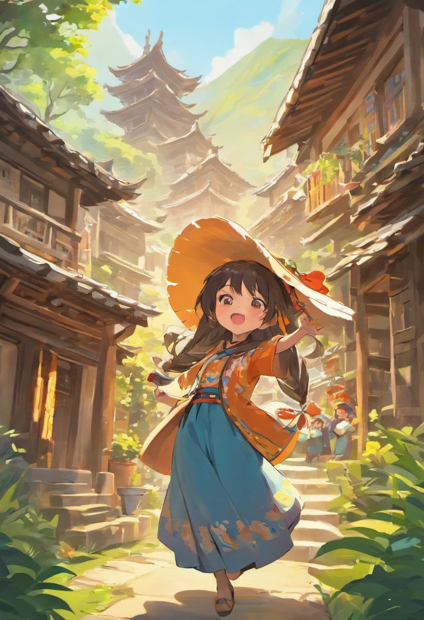 In a beautiful Zhuang village,Have a happy big family, The children are dressed in beautiful Zhuang costumes,Have fun in the village,They were beautifully dressed, Sturdy hat,Dressed in brightly colored Zhuang costumes,Hand in hand, They sang and danced in a circle around the village,In the village,The children,cheerfulness,Living,Nature,Playful and lively,Wooden house,cozily,warm,Sunlight,Blue sky and breezy,A gentle breeze,Unity and happiness,8K,rendering,Renderer rendering,unreal engine 5 render,Natural lighting