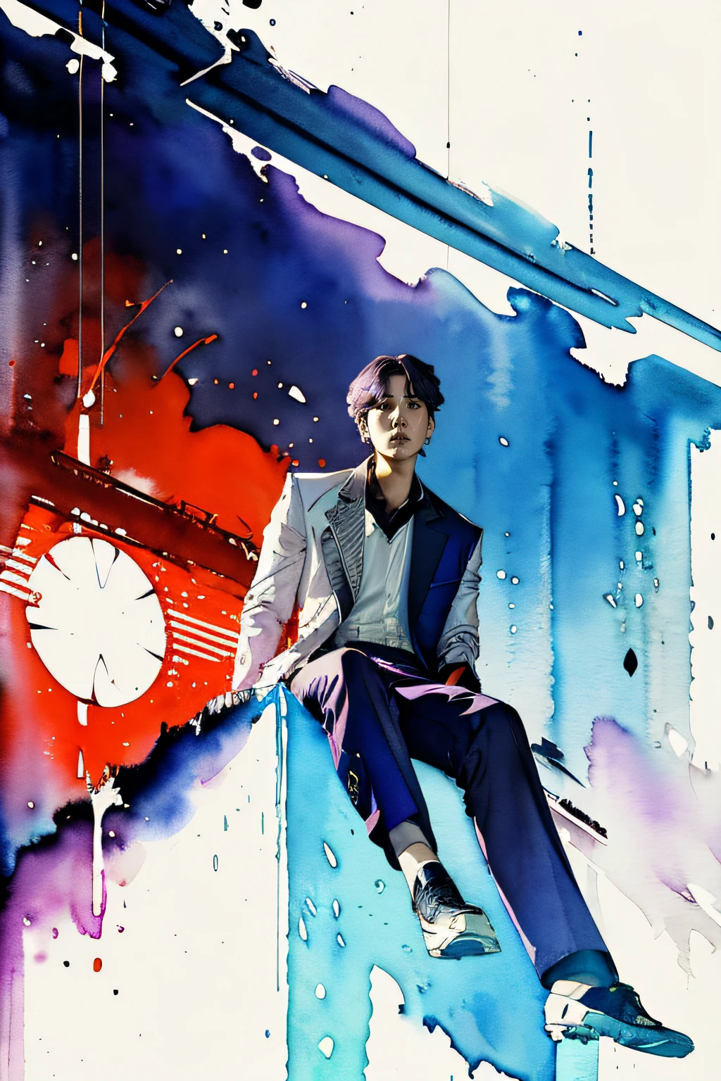 ((((Suga)))) from BTS,1boy, looking at viewer, high-tech clothes, sitting, super power, from below, fantasy, high contrast, ink strokes, explosions, over exposure, impression , abstract, ((watercolor painting by John Berkey and Jeremy Mann)), brush strokes, negative space, good anatomy, good proportions, good architecture, realistic:1.25, cantered, high detail, high resolution, 8k, stunning, mascular body, Style-Hamunaptra:0.4,