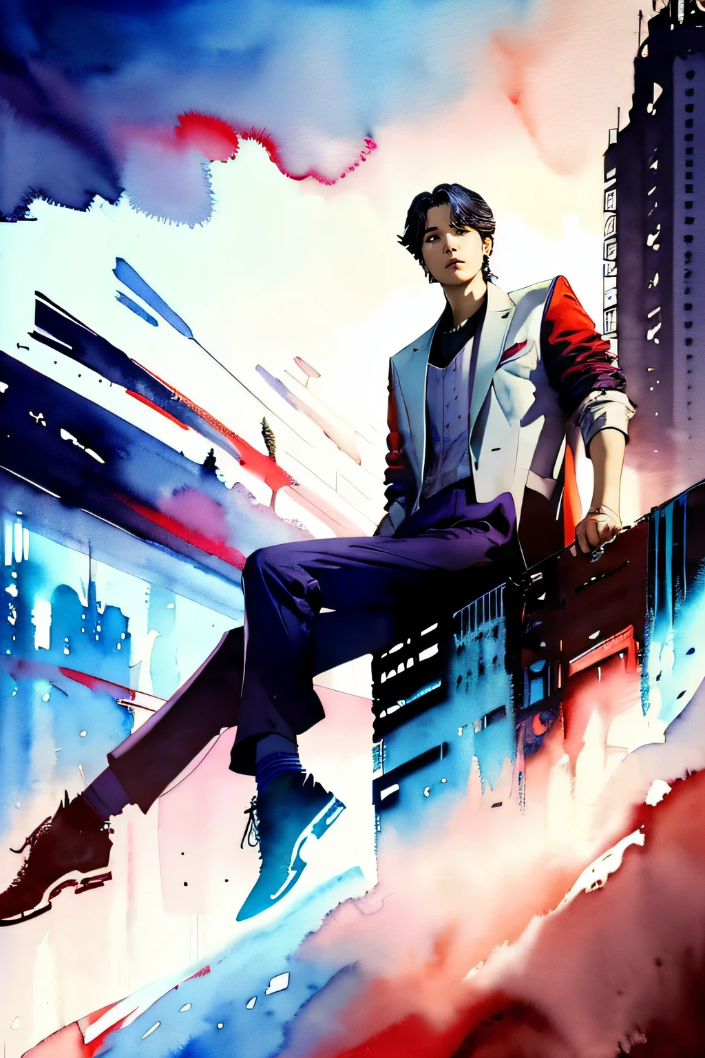 ((((Suga)))) from BTS,1boy, looking at viewer, high-tech clothes, sitting, super power, from below, fantasy, high contrast, ink strokes, explosions, over exposure, impression , abstract, ((watercolor painting by John Berkey and Jeremy Mann)), brush strokes, negative space, good anatomy, good proportions, good architecture, realistic:1.25, cantered, high detail, high resolution, 8k, stunning, mascular body, Style-Hamunaptra:0.4,