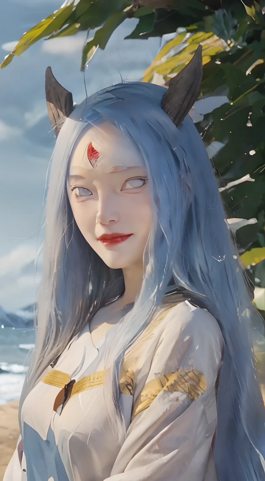 kaguya ōtsutsuki. a woman standing on an island. He appears to be wearing silver clothes with gold lines. he has long blue hair. which is very long. straight. and unraveled not tied. He also has a pair of brown horns on top of his head. with white skin. pale as snow. and tiny, rosy lips. he seemed to be smiling gently. and thin. looking at the camera. it looks so beautiful and realistic