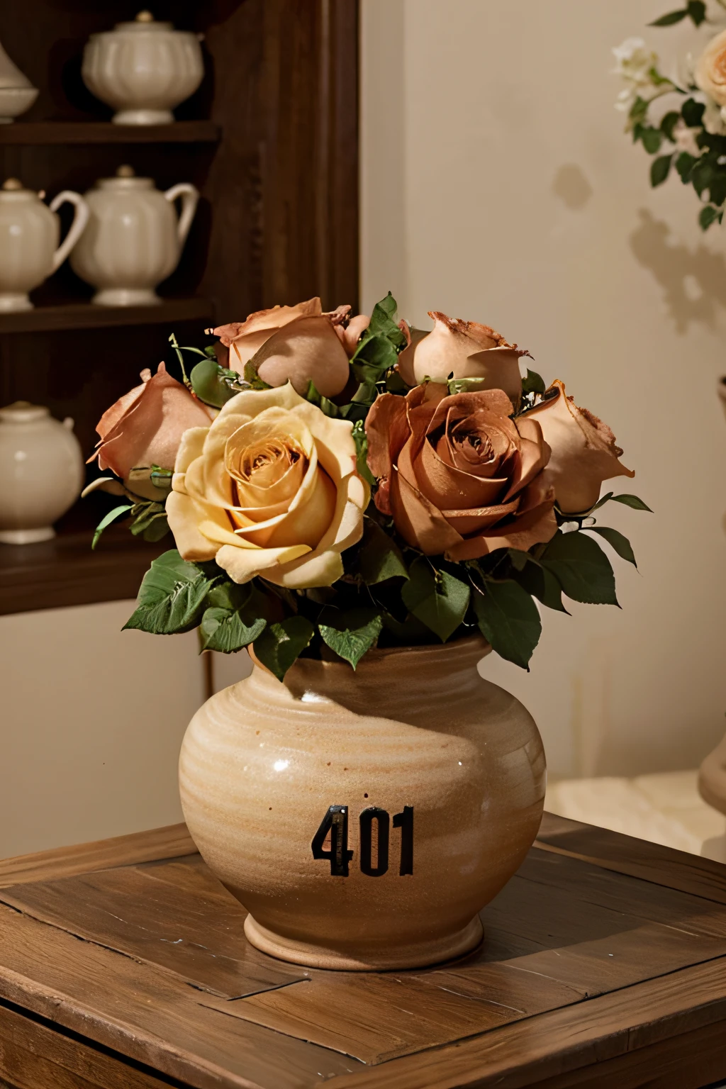 40 different beautifull roses in one rich sculptured pottery