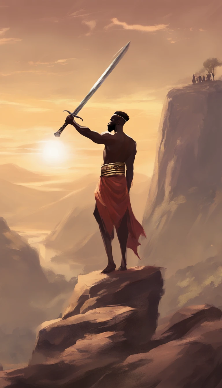 A hand-painted digital illustration of A strong muscular African man in a toga triumphantly holding his sword in the air while standing over a visibly large army on a cliff.