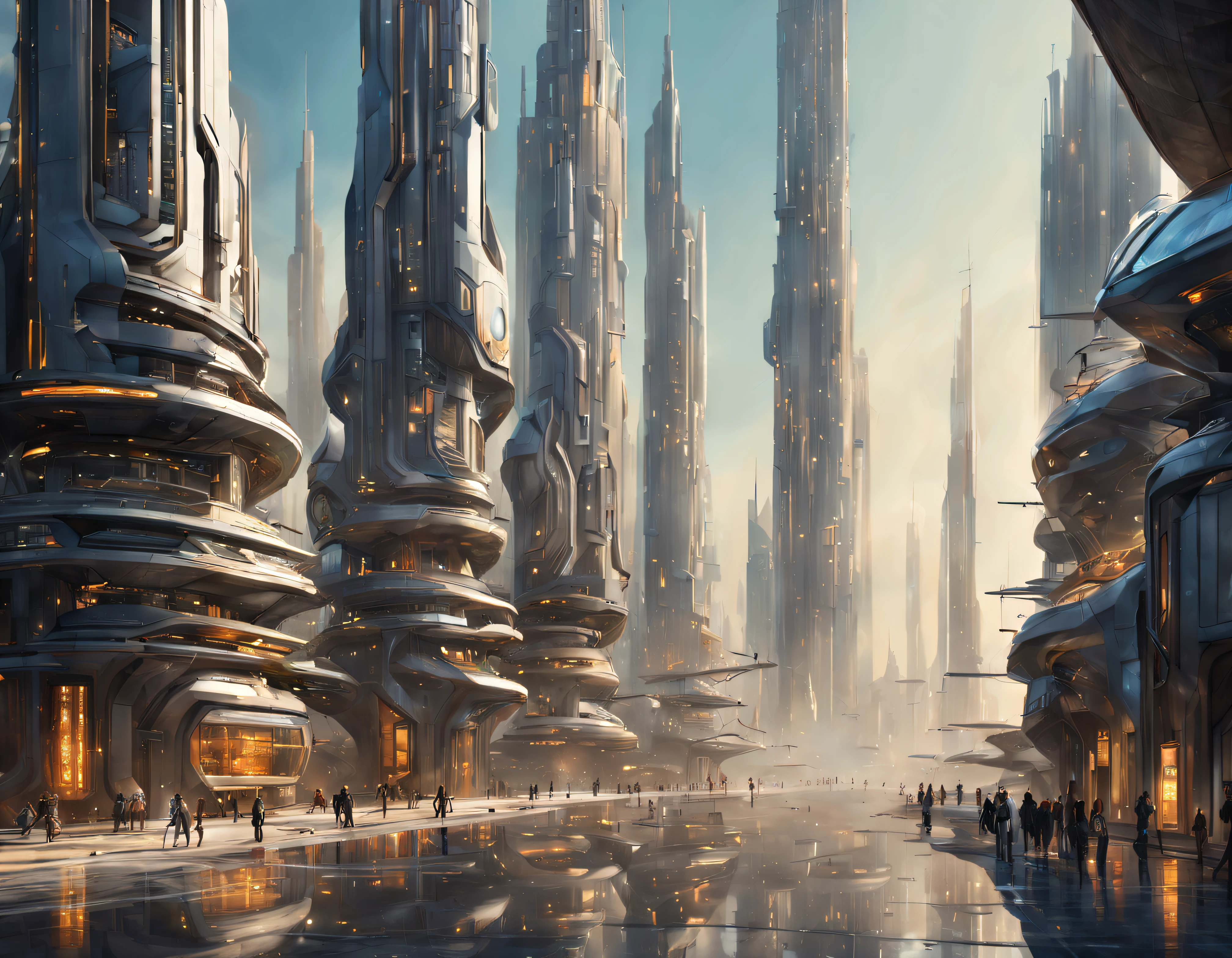 On an unknown planet lies a futuristic fantasy city with immense buildings of technological design (que forman una avenida infinita), con estructuras acristaladas en plata, oro y bronce espectaculares, (con colores vivos). pavimento ensolado (sin brillo). gente paseando. (similar a coruscant de star wars). imagen bien definida con muchos edificios juntos. imagen nitida bien definida 8k. los edificios llegan alta el fondo.,8k.