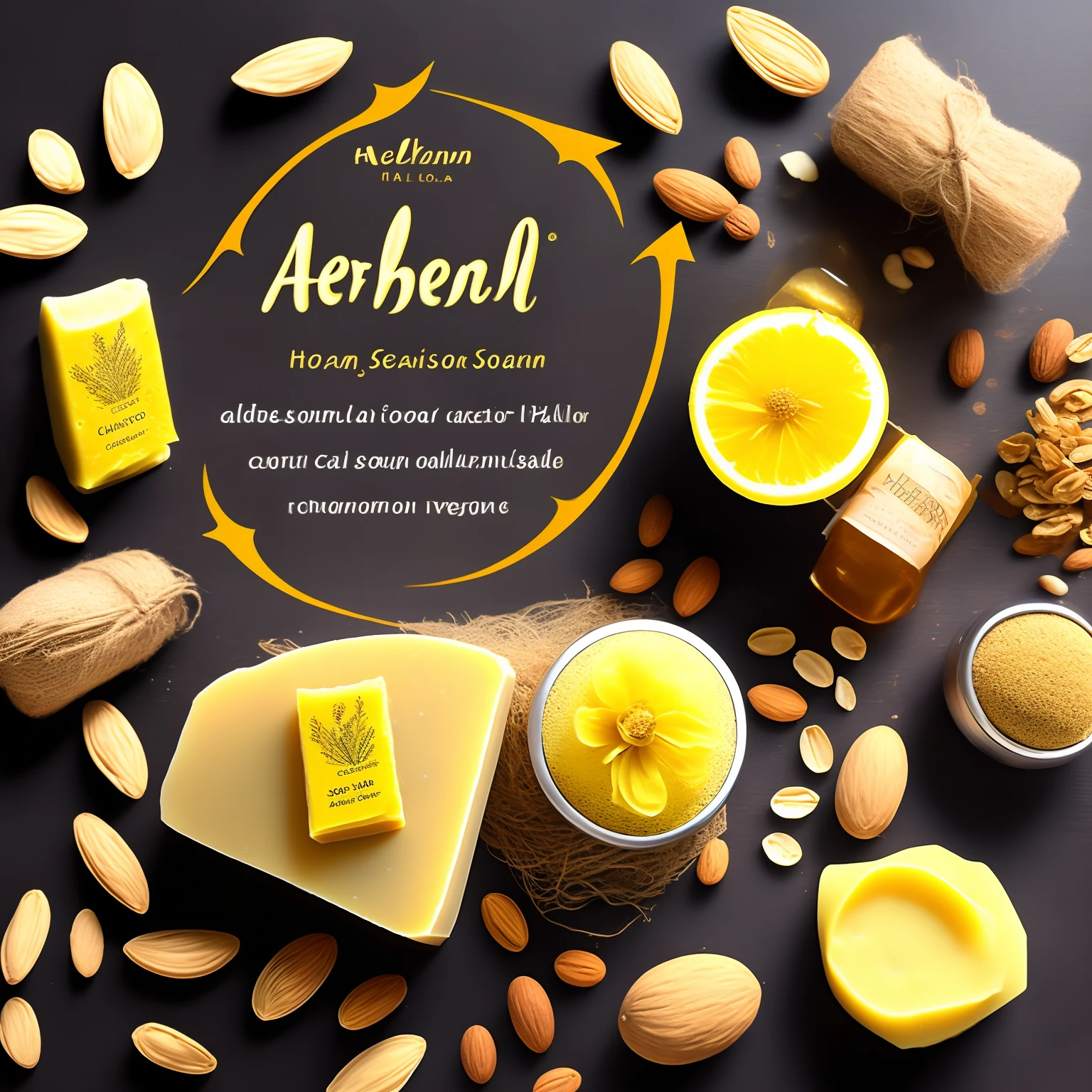 Create a selling poster where written HERBAL SOAP
*Take soap
*Haldi chandan soap aloe Vera soap
*Lemon soap
*Potato soap
*rose petals soap
*coffee caffeine soap
*almond honey soap
*saffron soap