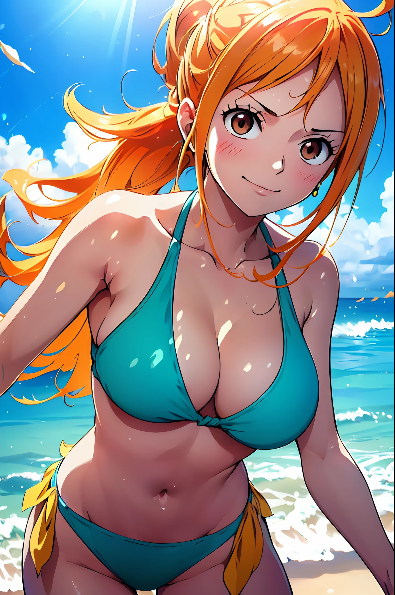 Nami from One Piece, long orange ponytail hair, beautiful brown eyes, blushing cheeks, wearing a vibrant bikini, enjoying a sunny day at the beach, (best quality, 4k, 8k, highres, masterpiece:1.2), ultra-detailed, and (realistic, photorealistic, HDR, UHD, studio lighting, ultra-fine painting, sharp focus, physically-based rendering, extreme detail description, professional,
Capturing the essence of Nami's adventurous spirit and the picturesque beach scene, make sure to emphasize the vibrant colors and the warm sunlight in the artwork. The lighting should create a soft, dreamy atmosphere that enhances Nami's beauty.