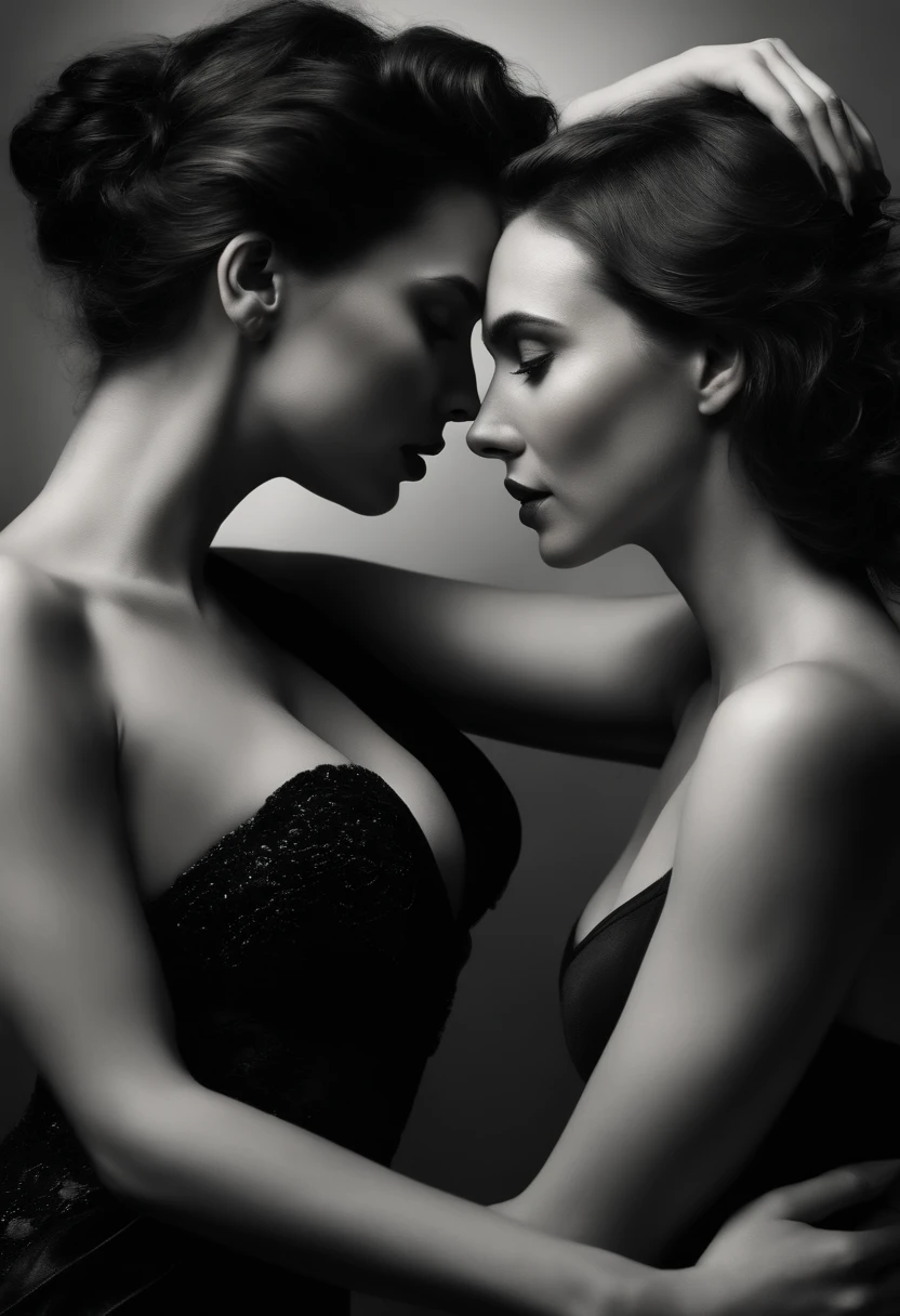 (best quality,4k,8k,highres,masterpiece:1.2),ultra-detailed,(realistic,photorealistic,photo-realistic:1.37),naked Scarlett Johansson and Gal Gadot kissing,glistening skin,detailed lips,passionate embrace,wavy hair flowing in the air,intense eye contact,subtle sweat on their bodies,provocative lighting,sensual atmosphere,Gal Gadot in revealing lingerie,Scarlett Johansson with tousled hair and smoky makeup,blurred background adding depth and focus to the intimate moment,deep red color palette,erotic tension in the air,seductive expressions,sharp focus on the love between the two women,subtle hints of desire,celebration of empowered femininity,provocative and captivating,erotic artwork,depicting love and passion between two powerful women,artistic representation of intimacy,narrative of female desire and exploration,celebrating beauty and sensuality,expressive and evocative,artful seduction,display of raw emotions,powerful connection between Scarlett Johansson and Gal Gadot,riveting composition,exquisite attention to detail,striking poses and gestures,sublime portrayal of feminine energy and sensuality,a tantalizing glimpse into an intimate moment between two extraordinary women.