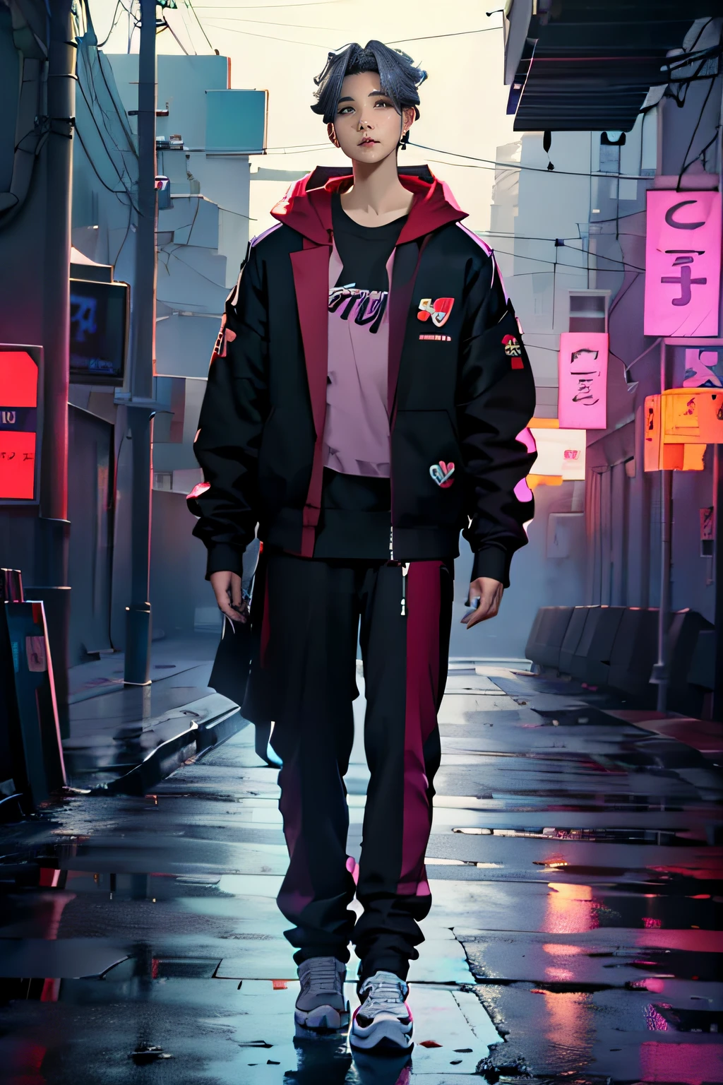 (((Suga from BTS))) K-pop star, really handsome guy, standing, detailed face, detailed body, wearing cyberpunk hoodie