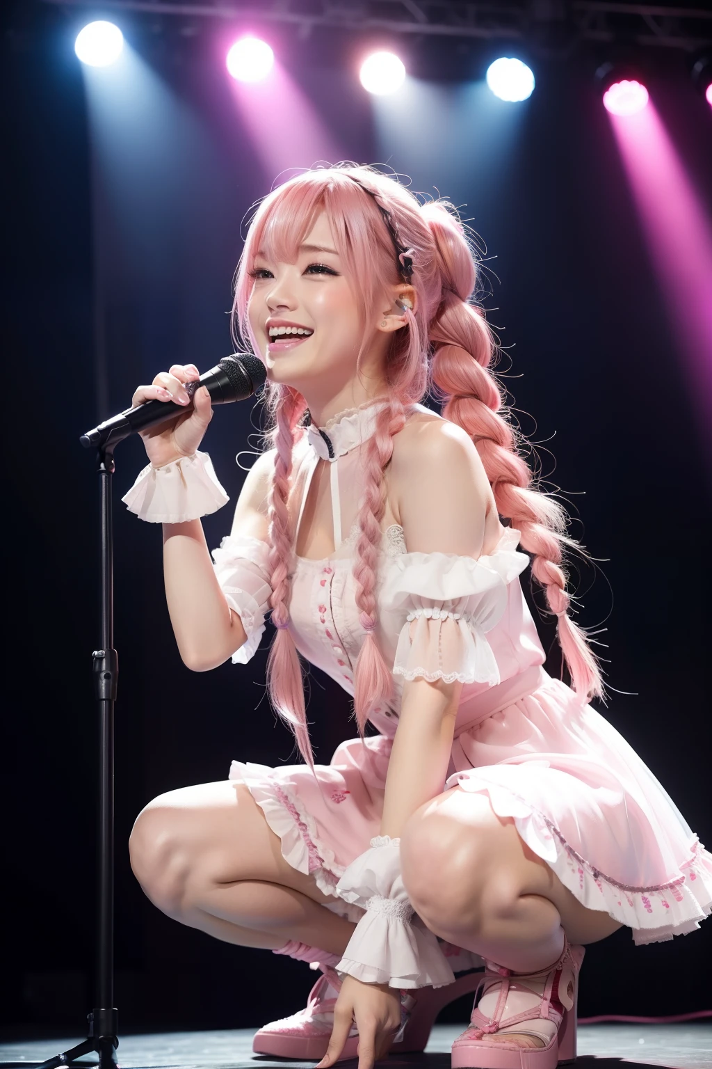 (8K, Best Quality, masutepiece:1.2)、超A high resolution、famous Japanese idol、((Pink hair))、Braids、Flat bangs、二重まぶた、long eyeslashes、Beautiful detailed eyes of brown color、Clear eyes、beautiful detailed nose、Transparent skin、slim body、ta fashion、Crouching and singing on stage、Microphone in hand、a smile、from below、独奏、On stage in a live house