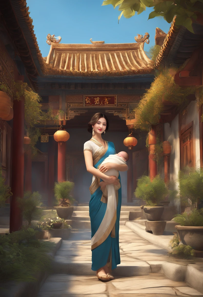 {{Masterpiece, Best quality, Extremely detailed CG, Unity 8k wallpaper, Cinematic lighting}}, Traditional Chinese Ink Painting, 1girll, 1baby, Young woman holding , full bodyesbian, Ancient architecture, Blue sky, Sunny day, wooden building, Outstanding protagonist, Smile, Big eyes, Beautiful detailed eyes, (Big breasts, cleavage), round ass, Looking at the audience, Long eyelashes,