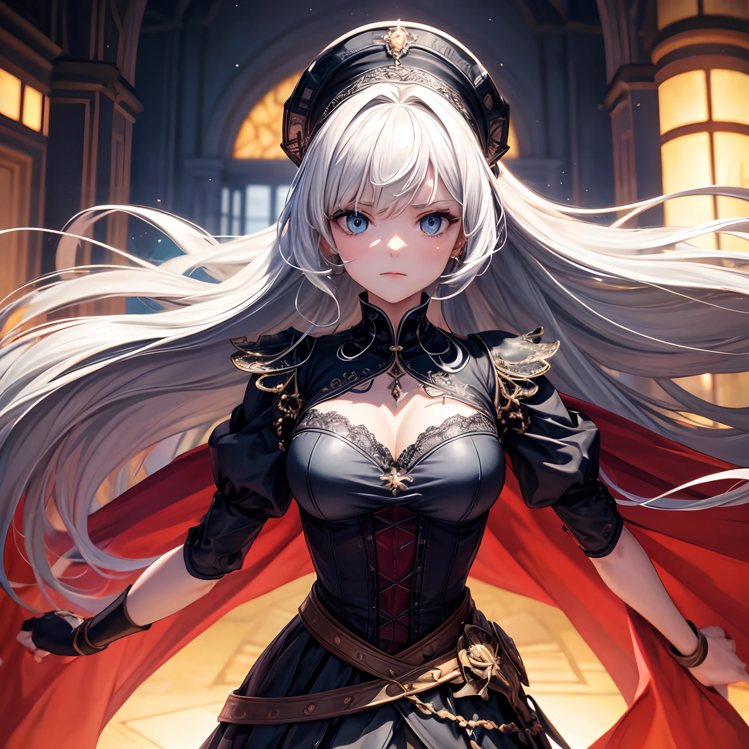Erstelle eine Figur, which consists of surfaces. Die Figur ist eine Frau mit einem knalligen roten Kleid. Sie hat eine blasse Haut und ein eingefallenes Gesicht. She looks anxious and tries to cover her body with her arms. Die Figur ist nicht realistisch, but consists of surfaces and is not 3 dimensional. You can see handprints on her dress and body. Anstatt eines Mundes hat sie einen Handdruck. The background is also made up of surfaces. You can see many different dresses and skirts which appear at regular intervals. There are also handprints on them. Der Hintergrund ist schwarz, die Kleider jedoch farbig. The colors of the dresses in the background are not very saturated.