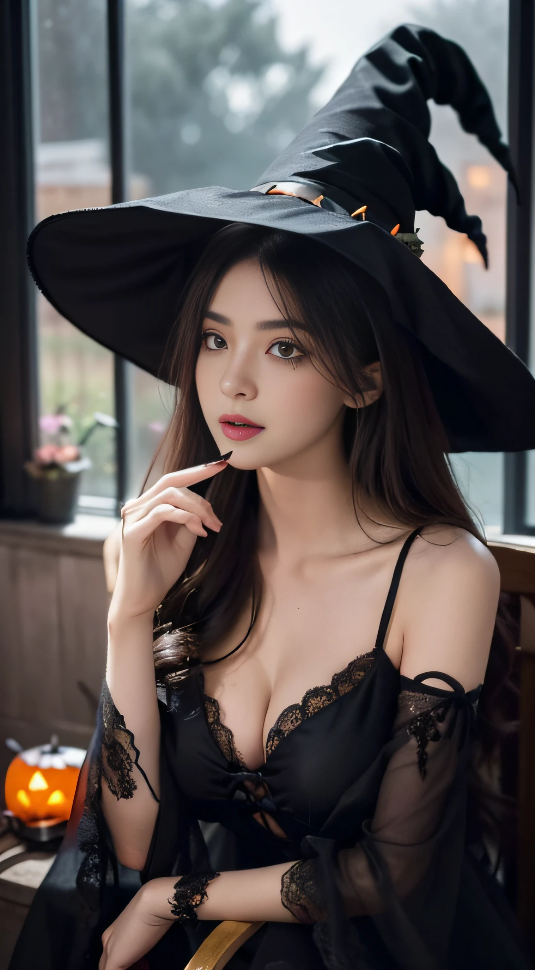 1young girls,(Sexy Lace Witch Costume:1.4),(5 dainty fingers,Delicate hand,Pink manicure),House with spooky Halloween decorations,Ultra-detailed,Realistic:1.2,Sharp Focus,Vivid colors,Studio Lighting,Horror,Portrait,Mysterious atmosphere,Glowing pumpkin,Creepy spider,Witch Hat,Scary masks,Haunted Furniture,Dark and eerie shadows,Moonlight shining through the window,Ghostly apparition,Witch broom,foggy atmosphere,Witch's Cauldron,Bats flying in the background,Walls covered with cobwebs,Magic Spellbook,Orange and black color scheme,The eyes of a mysterious girl piercing through the darkness,mix4, (Big breasts:1.2),(Create a sexy posture:1.3)