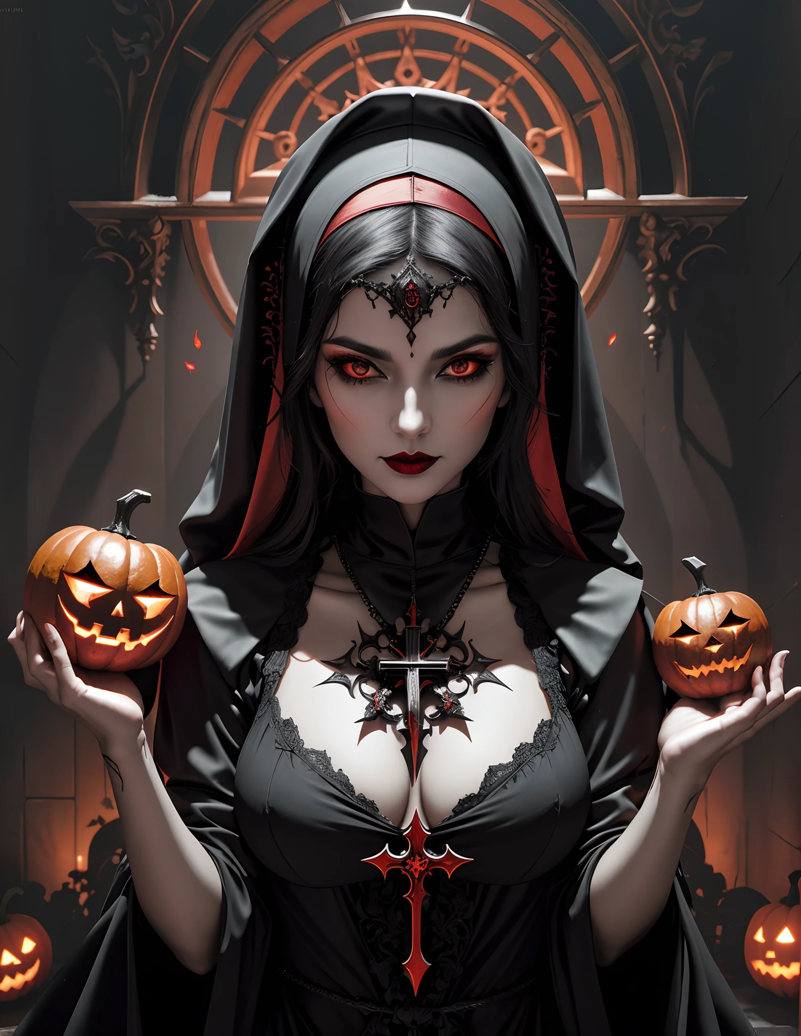 (Sexy gothic demon nun), full bodyesbian，Dynamic pose，Dark, mysterious, Enchanting, hauntingly beautiful, (Detailed facial features, piercing eyes, dark red lips), Black flowing robe, Cross forehead ornament，Cross necklace, Sensual, tempting pose, (luz de velas，Jack-o'-lantern，Absolutely dark background, Ominous atmosphere), (Best quality, A high resolution, Ultra-detailed), (Gothic art,Dark fantasy), (Dramatic lighting, Shadows, ethereal glowing), (Black and red color scheme, intense contrast), (Beautifully composed, Intricate details), (Evoke a sense of temptation of desire and taboos).