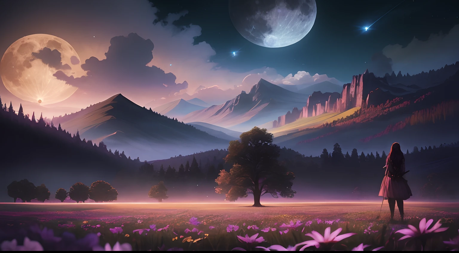 There was a woman standing in the field，Flowers and a full moon, 4k highly detailed digital art, epic dreamlike fantasy landscape, Beautiful art UHD 4 K, 8K stunning artwork, Fantasy art landscape, 4k hd matte digital painting, whimsical fantasy landscape art, mystical fantasy landscape, 4K fantasy art, fantasy digital painting, Fantasy landscape, magical scenery