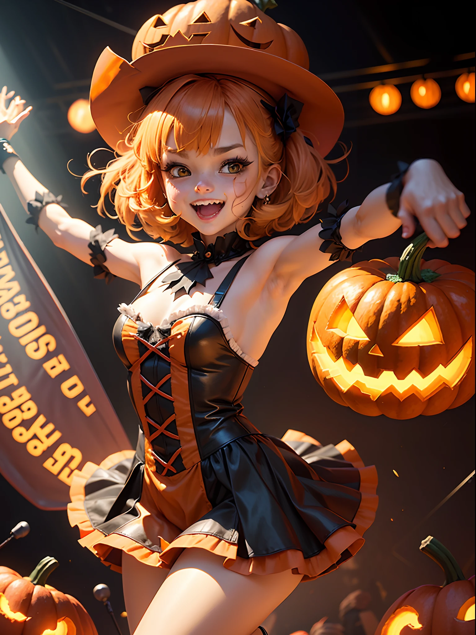 , costume white haloween, cute kawaii, jumping, glasses, short hair, brown hair bob, short skirt, haloween pumpkin, chibi, realistic, kawaii, cute pose