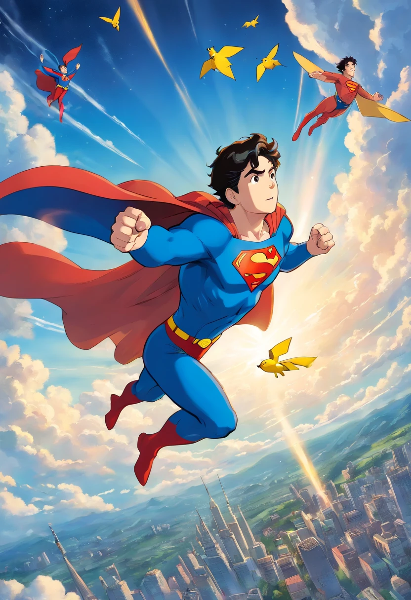 Superman, flying with Pikachu in the sky